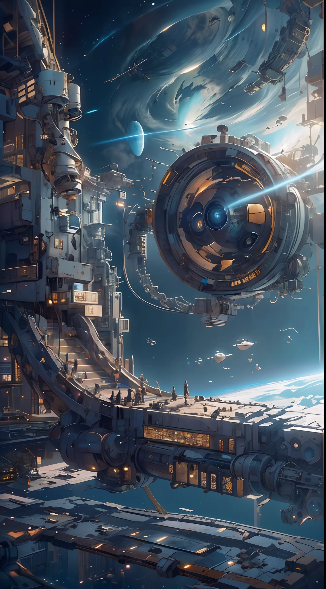 A captivating depiction of a space station floating in the vast expanse of the universe, (stunning cosmic backdrop), (detailed spacecraft design), (realistic rendering), (impressive scale and proportions), (futuristic architecture), (attention to scientific accuracy), (intricate mechanical details), (immersive lighting effects), (awe-inspiring sense of vastness), trending on ArtStation, (trending on CGSociety), (showcasing the wonders of space exploration), (evokes a sense of technological advancement), (highly detailed space environment), (impressive attention to texture and materials), (depiction of astronauts or extraterrestrial life), (conveys a sense of tranquility and awe), (capturing the beauty and mysteries of the cosmos), (skillful portrayal of depth and perspective),vortex,houtufeng,The wreckage of a giant space ship