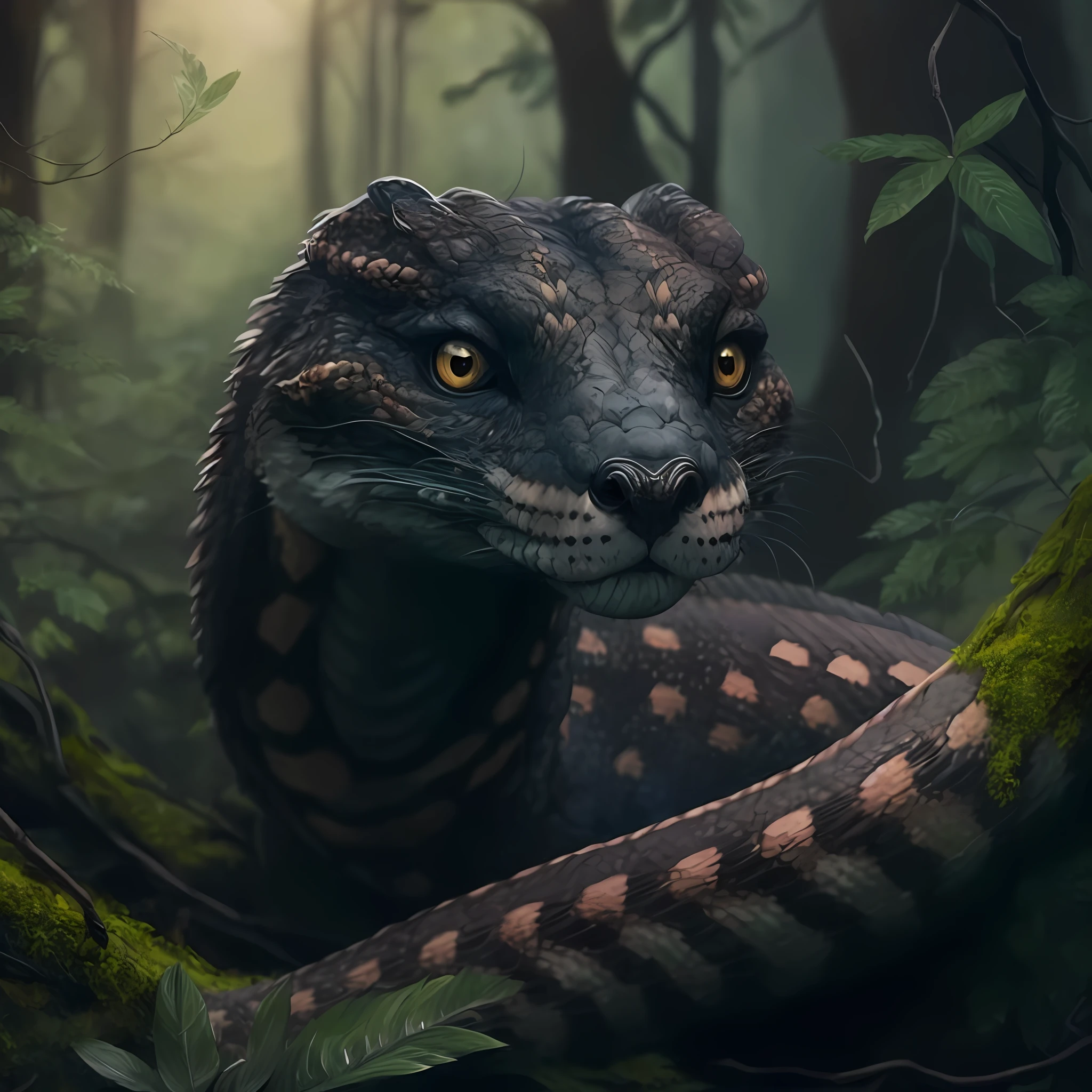 There is a large snake that is sitting in the forest, pintura digital altamente detalhada, Retrato de uma serpente sagrada, Directed by: Adam Marczyński, pintura digital altamente detalhada, retrato premiado da criatura, pintura digital muito detalhada, pintura digital detalhada, arte digital altamente detalhada, criatura detalhada, arte conceitual altamente realista, baixo detalhamento. pintura digital, criatura altamente detalhada