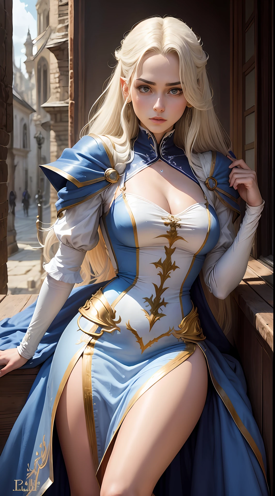 fada, cabelo dourado, loira, vestido azul e branco, castlevania, 16 anos --auto