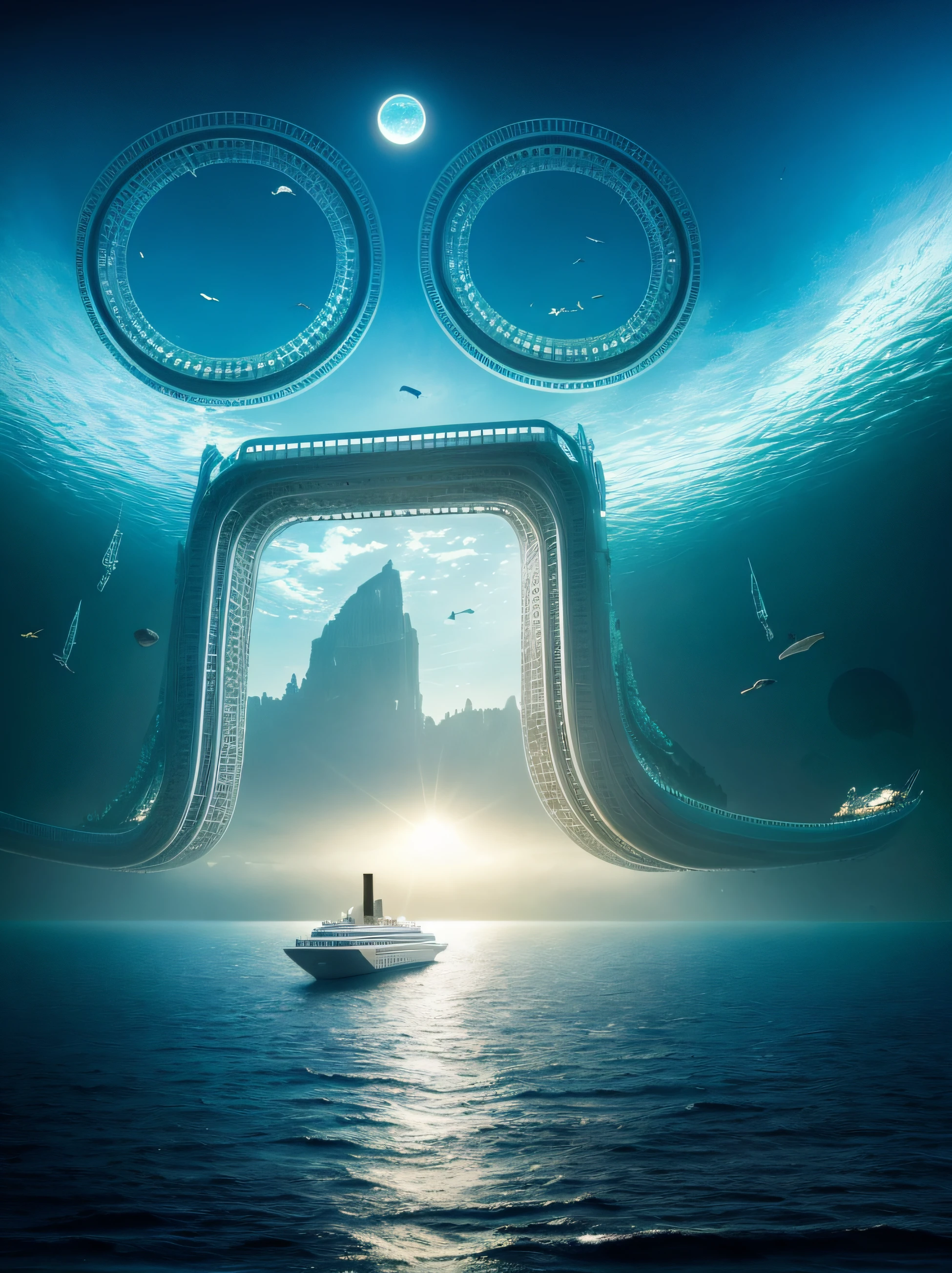 ocean floor,There is a large cruise ship floating in the water, Water surrounds the boat, atlantean, futuristic underwater metropolis, Floating palace, sunken ships, author:Mike Winckelman, Floating City, inspired by Mike Winkelmann, The Titanic is sinking, inspired by Chris Foss, Titanic exterior, Submerged on Titan, in a sci-fi shipping port