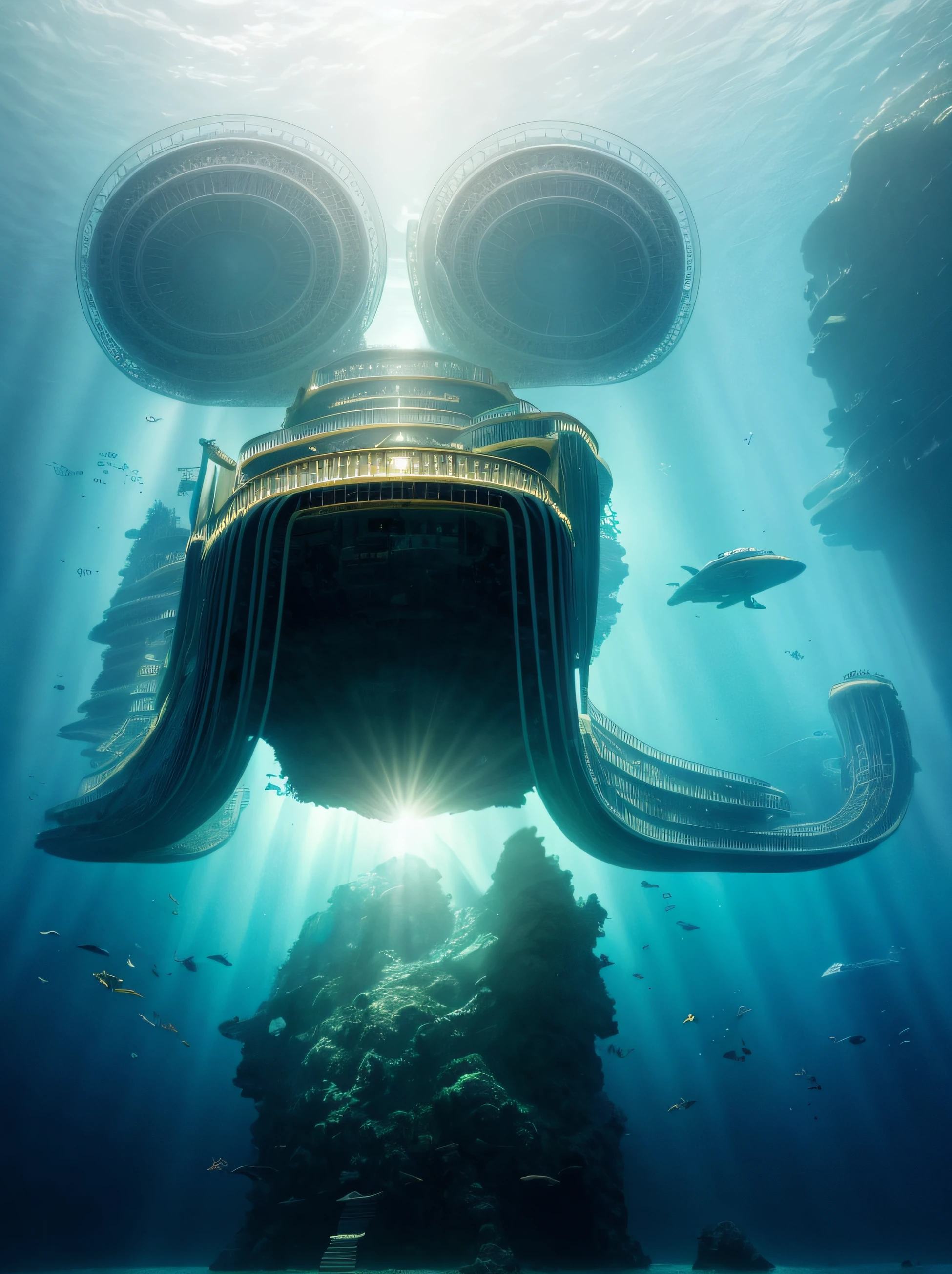 ocean floor,There is a large cruise ship floating in the water, Water surrounds the boat, atlantean, futuristic underwater metropolis, Floating palace, sunken ships, author:Mike Winckelman, Floating City, inspired by Mike Winkelmann, The Titanic is sinking, inspired by Chris Foss, Titanic exterior, Submerged on Titan, in a sci-fi shipping port