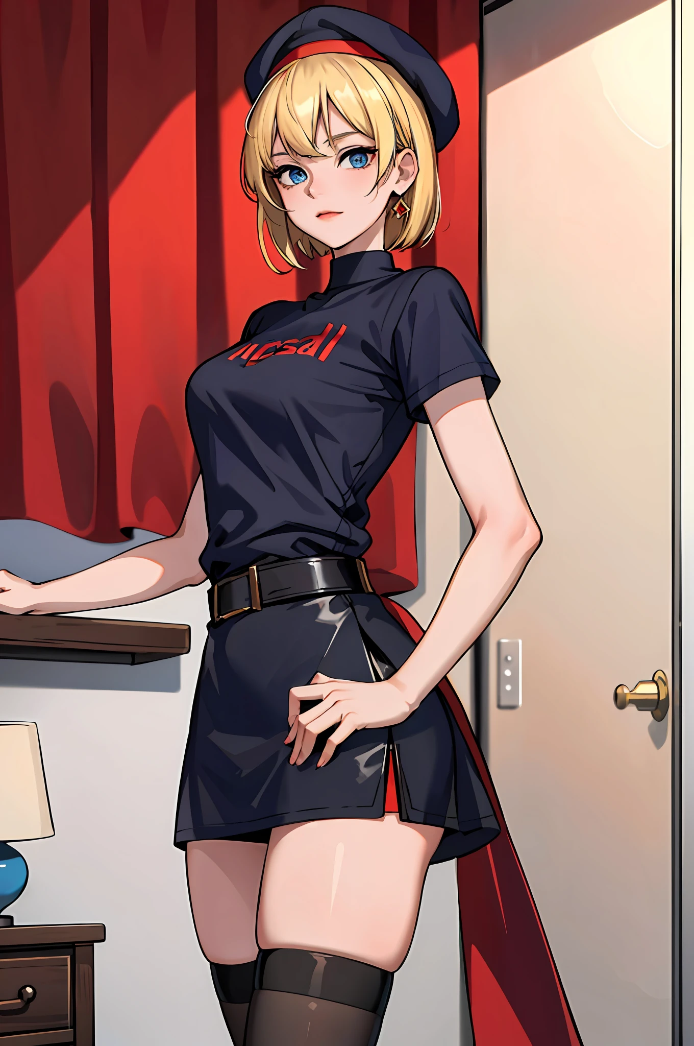 (masterpiece:1.2, best quality), 1girl, solo, short hair, blonde hair, blue eyes, red hat, black T-shirt, black thighhighs, red dress, room, sexy