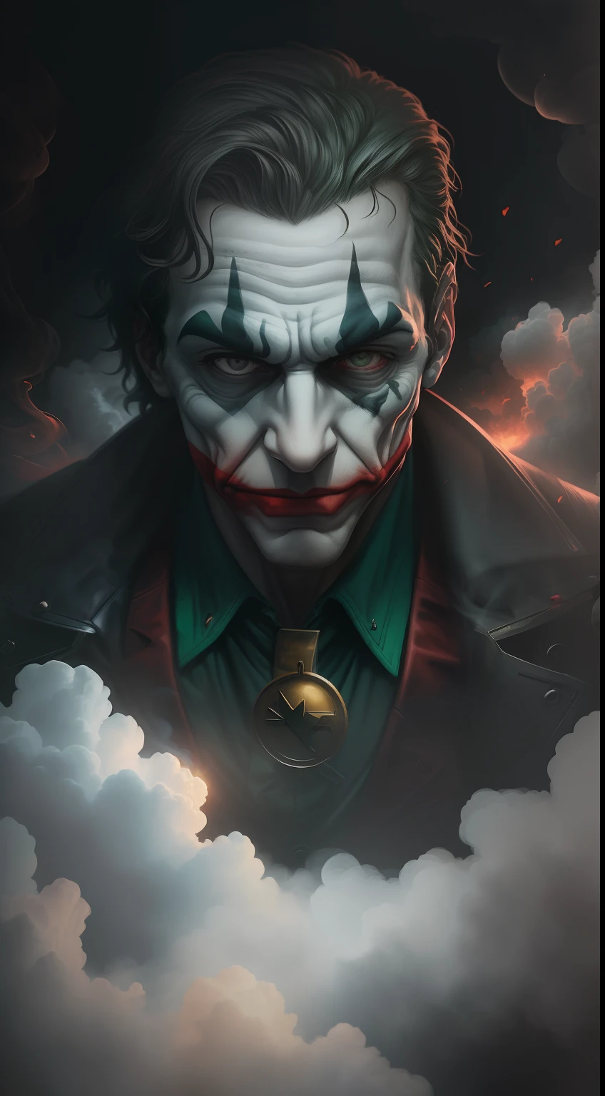 (A gloomy snapshot: 1.1), Epic Realistic, Joker DC Comics Riddler in a Cloud of Red Smoke, soft cinematic light, Adobe Lightroom, Photo Lab, HDR, an intricate, Highly detailed, (Depth of field: 1,4), hyper-detailing (Artstation: 1,4), Filmic, Warm light, Dramatic light (Complicated details: 1,1)