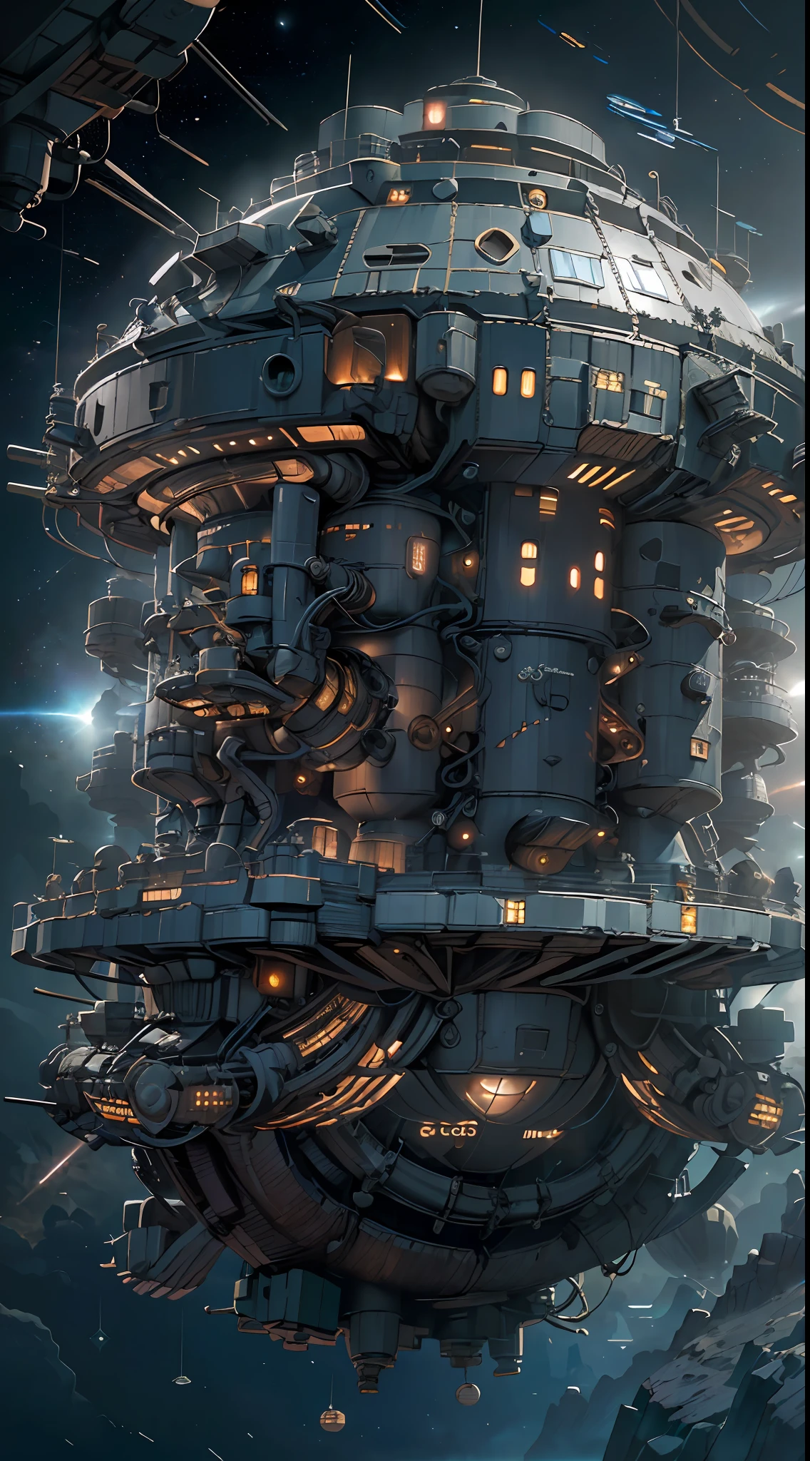 A captivating depiction of a space station floating in the vast expanse of the universe, (stunning cosmic backdrop), (detailed spacecraft design), (realistic rendering), (impressive scale and proportions), (futuristic architecture), (attention to scientific accuracy), (intricate mechanical details), (immersive lighting effects), (awe-inspiring sense of vastness), trending on ArtStation, (trending on CGSociety), (showcasing the wonders of space exploration), (evokes a sense of technological advancement), (highly detailed space environment), (impressive attention to texture and materials), (depiction of astronauts or extraterrestrial life), (conveys a sense of tranquility and awe), (capturing the beauty and mysteries of the cosmos), (skillful portrayal of depth and perspective),vortex,houtufeng,The wreckage of a giant space ship