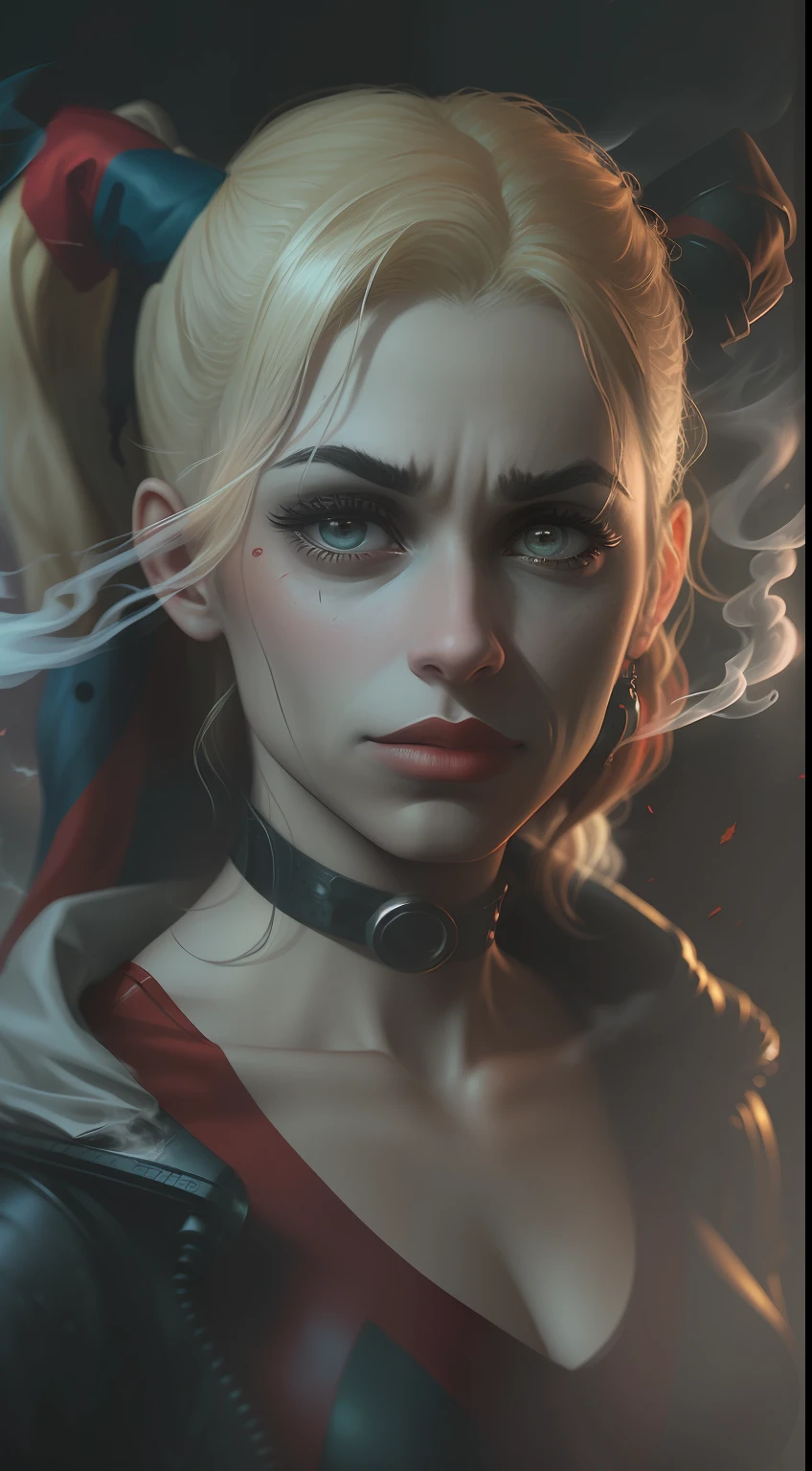 (A gloomy snapshot: 1.1), Epic Realistic, DC Comics' Harley Quinn in a cloud of red smoke, soft cinematic light, Adobe Lightroom, Photo Lab, HDR, an intricate, Highly detailed, (Depth of field: 1,4), hyper-detailing (Artstation: 1,4), Filmic, Warm light, Dramatic light (Complicated details: 1,1)