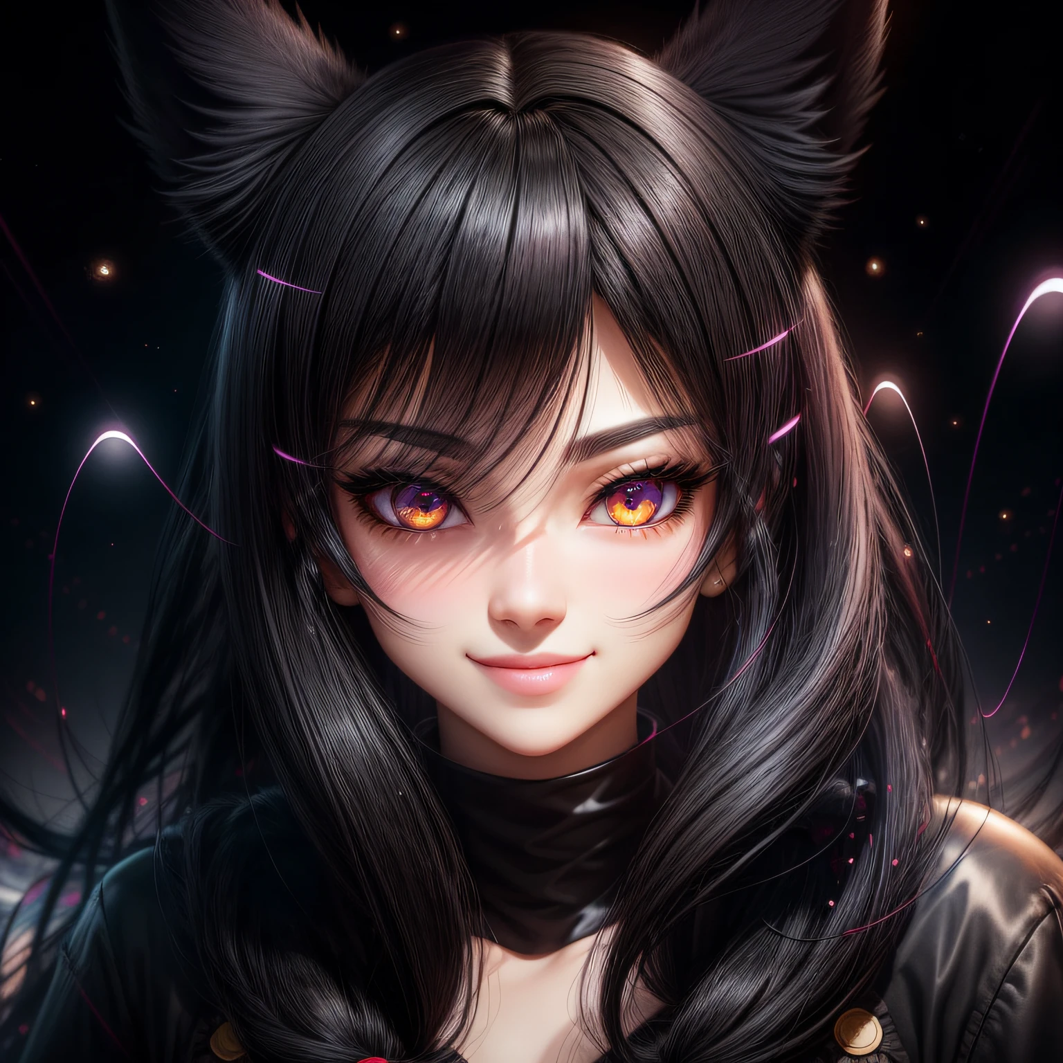 black hair, hair bobbles, wince, longeyelashes, solid circle eyes, fake animal ears, light smile, ear blush, fang, Surrealism, drop shadow, anaglyph, stereogram, tachi-e, pov, atmospheric perspective, 8k, super detail, ccurate, best quality --auto