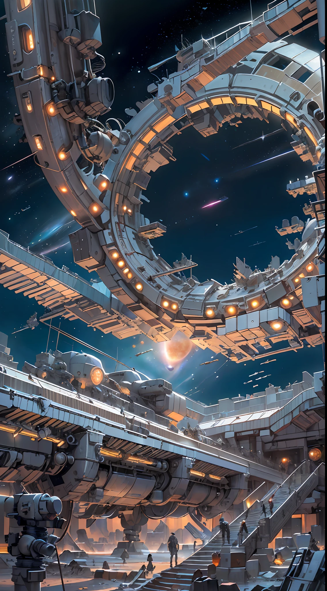 A captivating depiction of a space station floating in the vast expanse of the universe, (stunning cosmic backdrop), (detailed spacecraft design), (realistic rendering), (impressive scale and proportions), (futuristic architecture), (attention to scientific accuracy), (intricate mechanical details), (immersive lighting effects), (awe-inspiring sense of vastness), trending on ArtStation, (trending on CGSociety), (showcasing the wonders of space exploration), (evokes a sense of technological advancement), (highly detailed space environment), (impressive attention to texture and materials), (depiction of astronauts or extraterrestrial life), (conveys a sense of tranquility and awe), (capturing the beauty and mysteries of the cosmos), (skillful portrayal of depth and perspective),vortex,houtufeng,The wreckage of a giant space ship