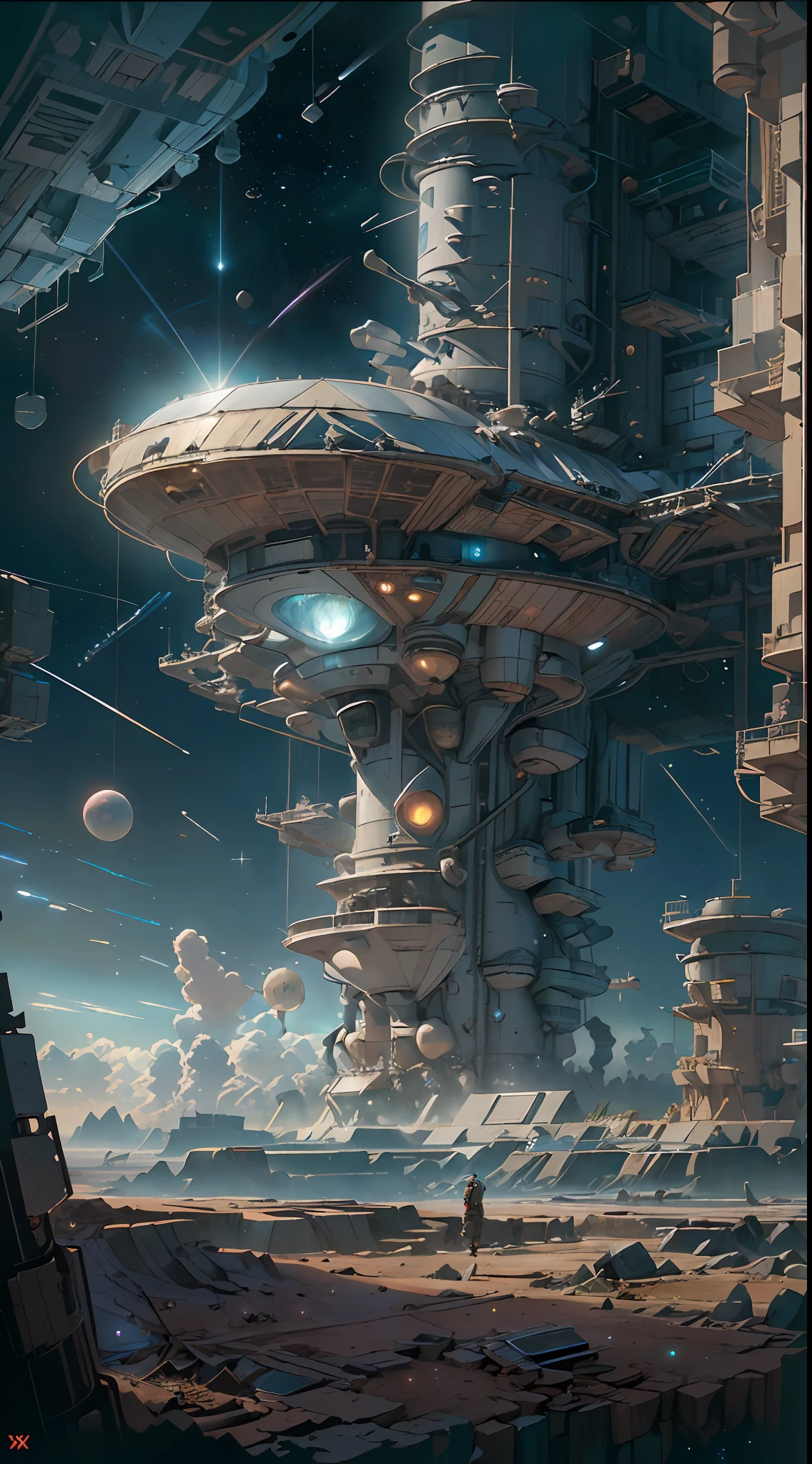 A captivating depiction of a space station floating in the vast expanse of the universe, (stunning cosmic backdrop), (detailed spacecraft design), (realistic rendering), (impressive scale and proportions), (futuristic architecture), (attention to scientific accuracy), (intricate mechanical details), (immersive lighting effects), (awe-inspiring sense of vastness), trending on ArtStation, (trending on CGSociety), (showcasing the wonders of space exploration), (evokes a sense of technological advancement), (highly detailed space environment), (impressive attention to texture and materials), (depiction of astronauts or extraterrestrial life), (conveys a sense of tranquility and awe), (capturing the beauty and mysteries of the cosmos), (skillful portrayal of depth and perspective),vortex,houtufeng,The wreckage of a giant space ship