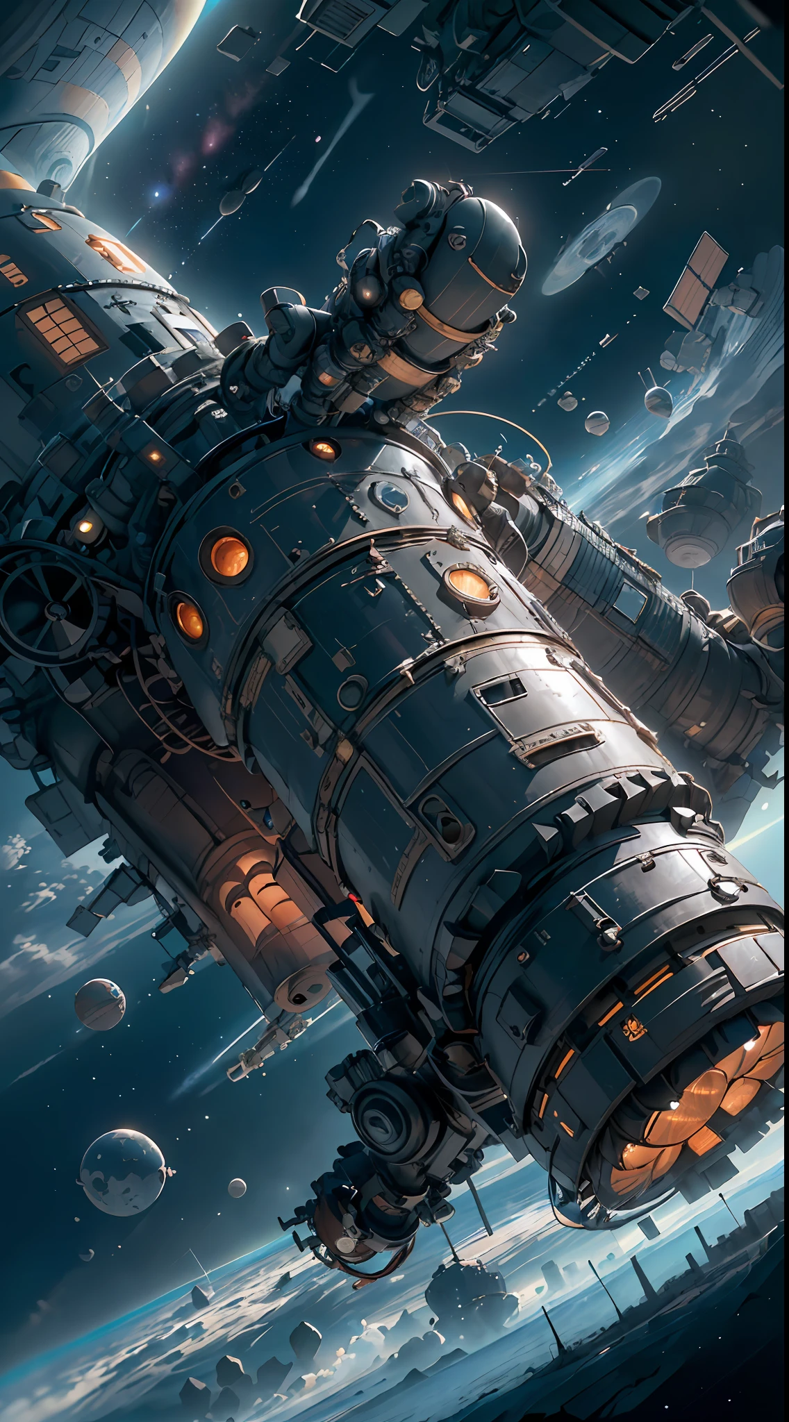 A captivating depiction of a space station floating in the vast expanse of the universe, (stunning cosmic backdrop), (detailed spacecraft design), (realistic rendering), (impressive scale and proportions), (futuristic architecture), (attention to scientific accuracy), (intricate mechanical details), (immersive lighting effects), (awe-inspiring sense of vastness), trending on ArtStation, (trending on CGSociety), (showcasing the wonders of space exploration), (evokes a sense of technological advancement), (highly detailed space environment), (impressive attention to texture and materials), (depiction of astronauts or extraterrestrial life), (conveys a sense of tranquility and awe), (capturing the beauty and mysteries of the cosmos), (skillful portrayal of depth and perspective),vortex,houtufeng,The wreckage of a giant space ship