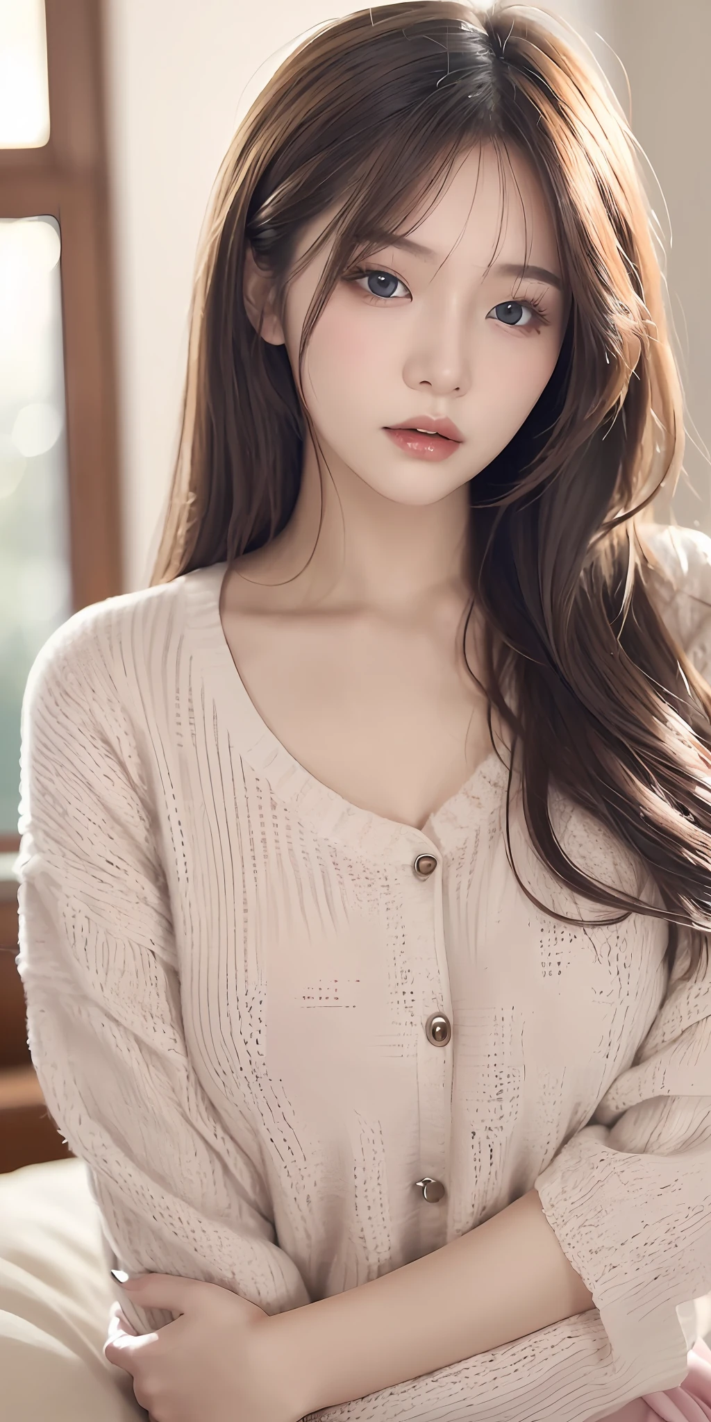 1girl walking on the river, mix4, sweater, pillow, lips, open_mouth, realistic, photo_\(medium\), solo, stuffed_animal, stuffed_toy, teddy_bear, (masterpiece), (realism: 1.3), super detailed, (High detail skin: 1.2), (Best quality: 1.0), (Ultra resolution: 1.0), (ULZZANG-6500: 0.3), wavy detail hair, long hair, sunshine, (beautiful detail makeup), (sexually aroused blush, heavy breath: 1.0), floral theme petals scattered, (soft light bloom: 0.5)