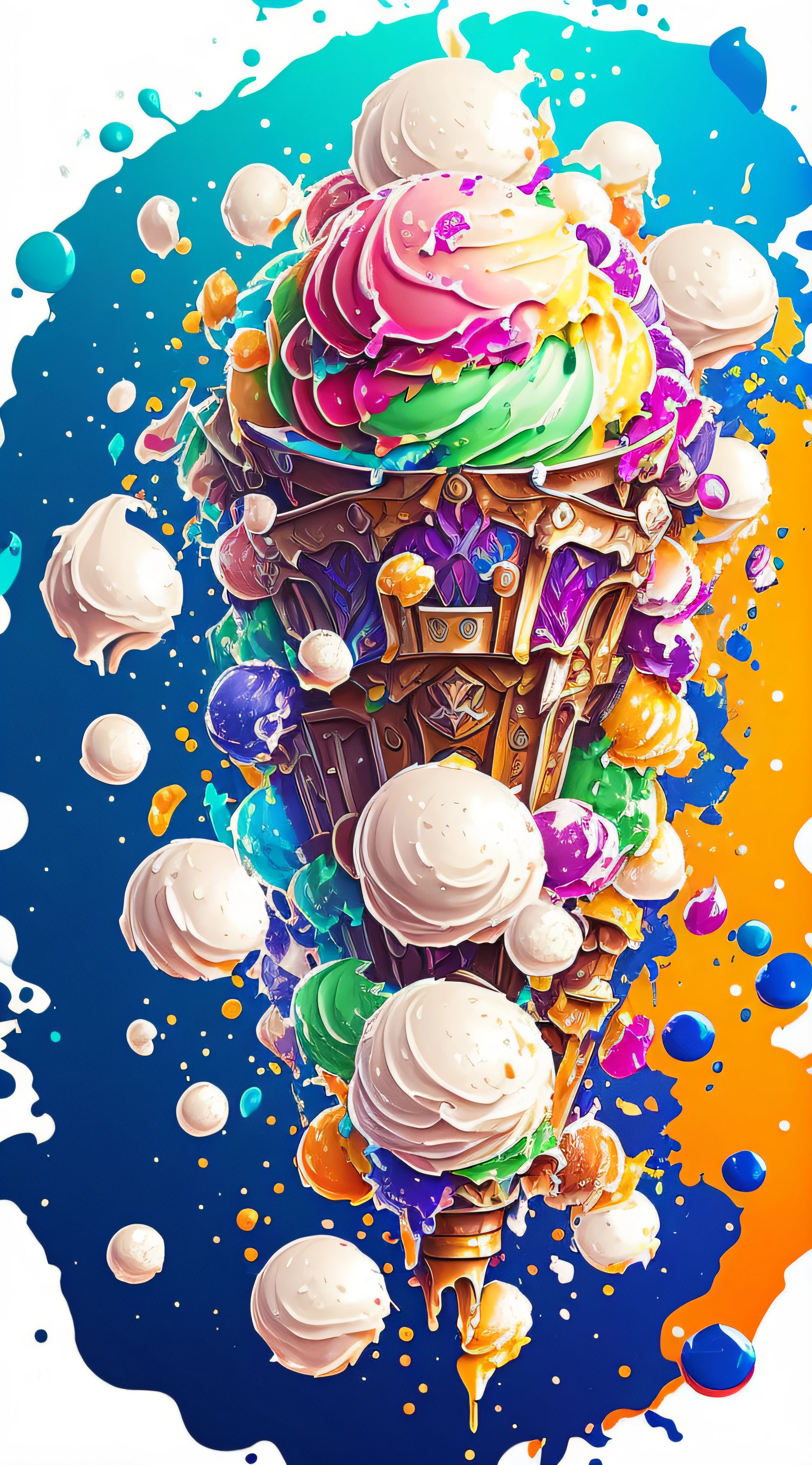 Sticker, Splash art, icecream come ((white background)), epic instagram, artstation, colorful ink splash style, outline, intricately detailed hyperdetailed, unrealistic engine, fantastic, intricate details, splash screen, complementary colors, fantasy concept art, resolution 8k, deviantart masterpiece, oil painting, heavy brush strokes, paint drips, splash arts --auto