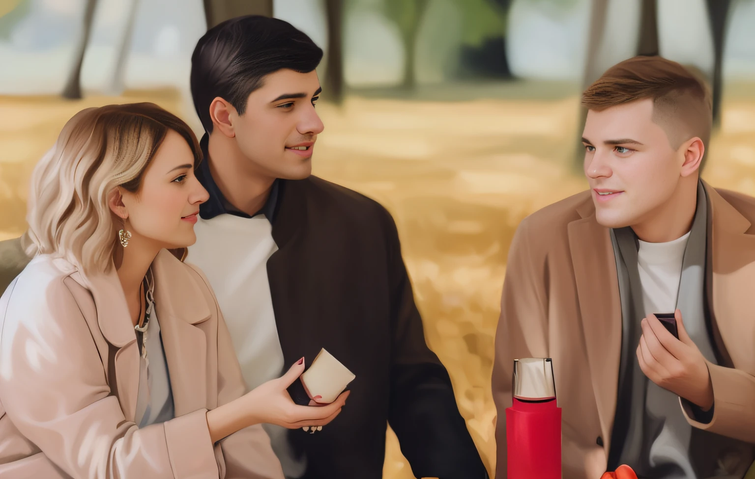 Three people sitting at a table with a red cup, by Zofia Stryjenska, beautiful painting of friends, digitalpainting, Smooth in _ inticrate background, High Quality Portrait, by Nándor Katona, in the style of oil painting, super realistic painting style, portrait shot, Professional art, Dora Kereshtes