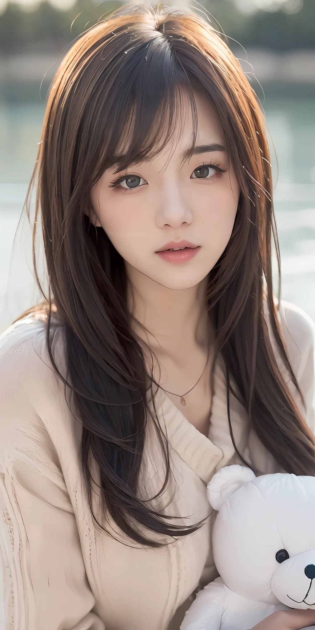 1girl walking on the river, mix4, sweater, pillow, lips, open_mouth, realistic, photo_\(medium\), solo, stuffed_animal, stuffed_toy, teddy_bear, (masterpiece), (realism: 1.3), super detailed, (High detail skin: 1.2), (Best quality: 1.0), (Ultra resolution: 1.0), (ULZZANG-6500: 0.3), wavy detail hair, long hair, sunshine, (beautiful detail makeup), (sexually aroused blush, heavy breath: 1.0), floral theme petals scattered, (soft light bloom: 0.5)