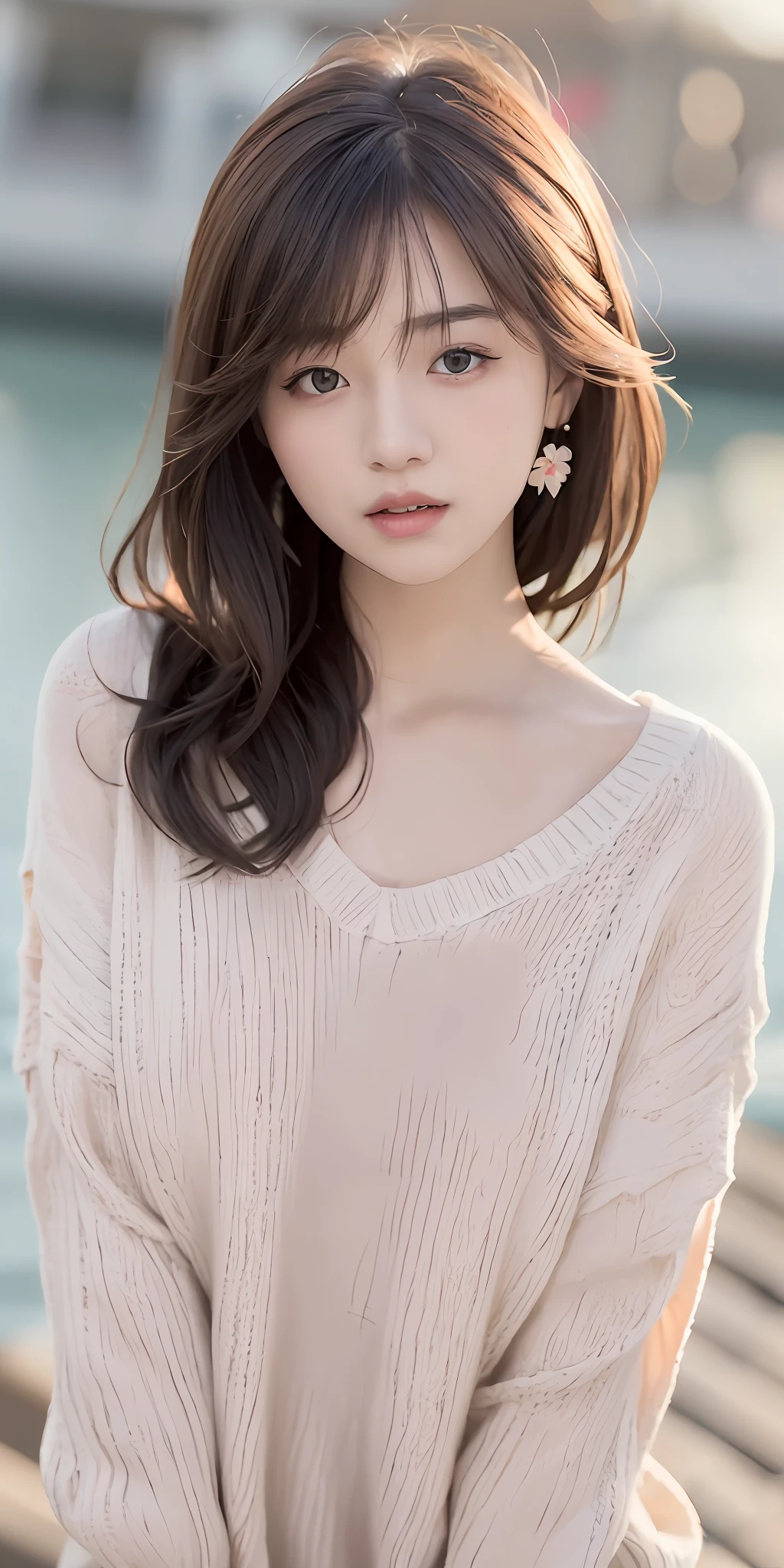 1girl walking on the river, mix4, sweater, pillow, lips, open_mouth, realistic, photo_\(medium\), solo, stuffed_animal, stuffed_toy, teddy_bear, (masterpiece), (realism: 1.3), super detailed, (High detail skin: 1.2), (Best quality: 1.0), (Ultra resolution: 1.0), (ULZZANG-6500: 0.3), wavy detail hair, long hair, sunshine, (beautiful detail makeup), (sexually aroused blush, heavy breath: 1.0), floral theme petals scattered, (soft light bloom: 0.5)