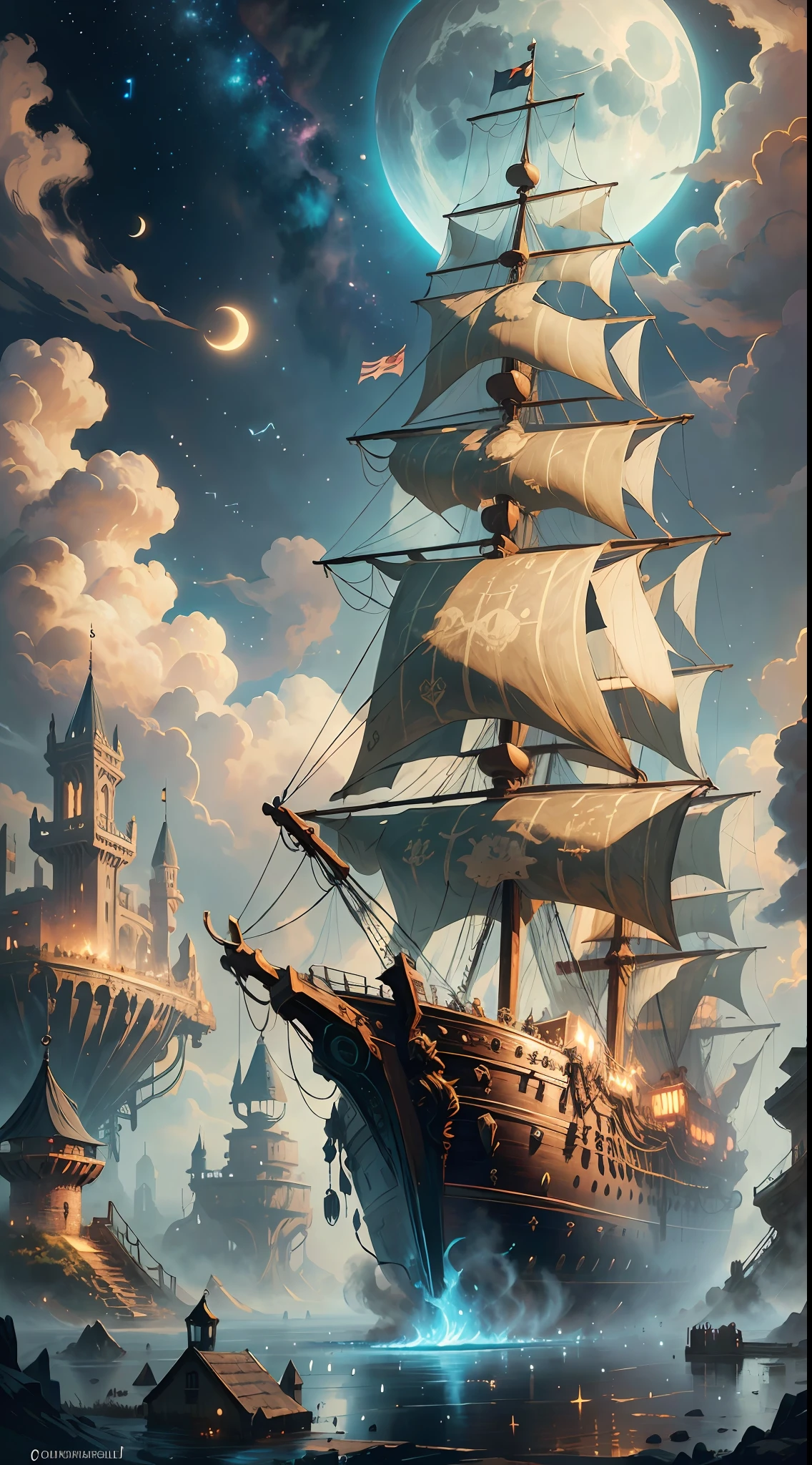 A painting of a treasure hunting ship,medieval times,Columbus,treasures,Surrounded by little fairies、Clouds、themoon、stars in background、fanciful、4k highly detailed digital art、High quality detailed art in 8K、in the style of Cyril Rolando、detailed fantasy digital art、Epic fantasy sci-fi illustration、amazing wallpapers,Inspired by Gaston Bussiel
