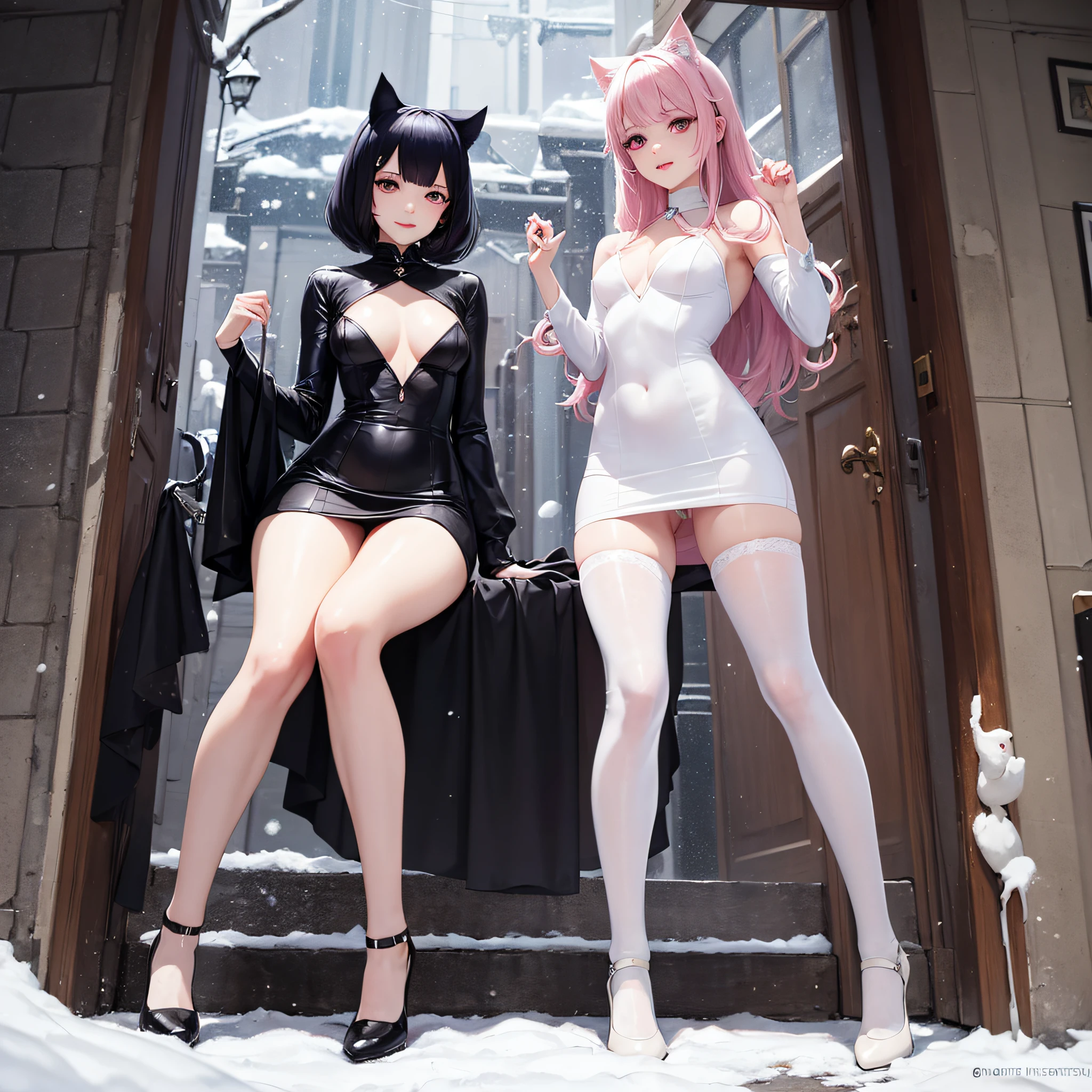 Anime- , White Cat Girl, cosplay, gracefulpose, Very beautiful cat girl, in dress, Very cute Catwoman, squatt, Smooth, flowing hair,Milky white skin, Beautiful face Light milky white porcelain skin, anime vibes, The legs are slender,kawaii aesthetic, Snow-whiteskin, Wearing white stockings,Pink ,Private areas loom,White heels,Short pink skirt,The skirt lifted,Purple eye,Eyebrows like emerald feathers,Beautiful face,ssmile,tmasterpiece --auto