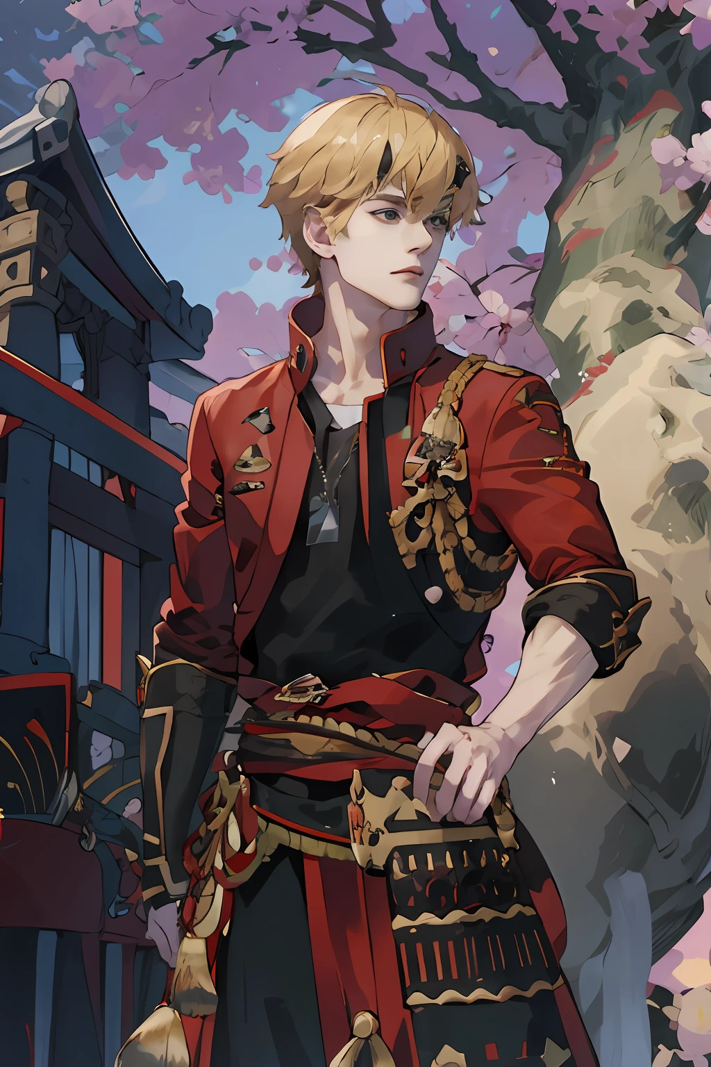 extremely delicate and beautiful, Amazing, finely detail, masterpiece, ultra-detailed, highres,best illustration, best shadow,intricate,sharp focus, high quality, 1 male solo, handsome, broad shoulders, ((blond hair)), red and black jacket, black hairband,