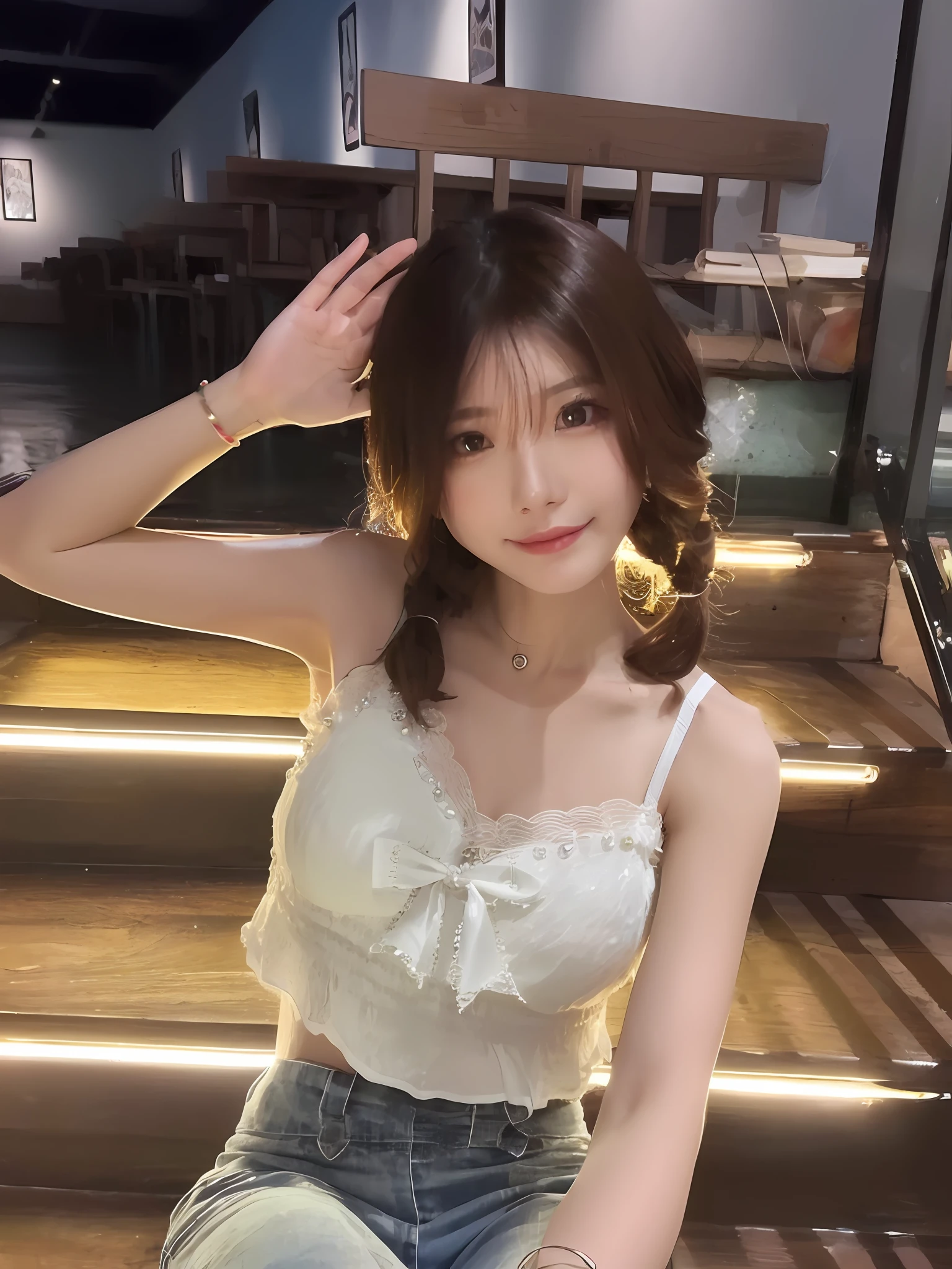 The Alafi woman sits on the wooden steps of her white blouse, wearing white camisole, Gorgeous young Korean woman, a cute young woman, White top, Beautiful Asian girl, young and cute girl, Beautiful young Korean woman, wearing a cute top, cute young woman, beautiful Korean women, nakeness