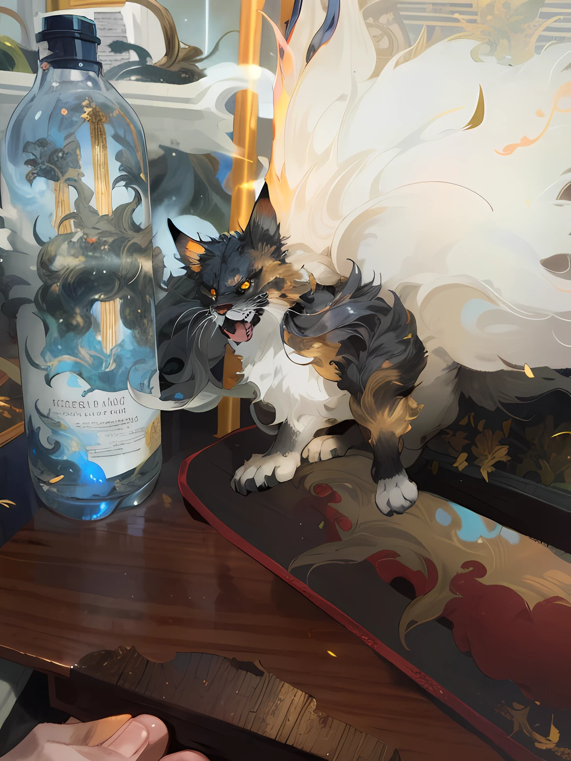 (mystical, foggy),(leo),(Flaming eyes:1.2+Crown of golden foliage)+(Powerful paws, A mane of fire:1.3), Majestic posture, flame, Mountains in the clouds, smok:0.8.