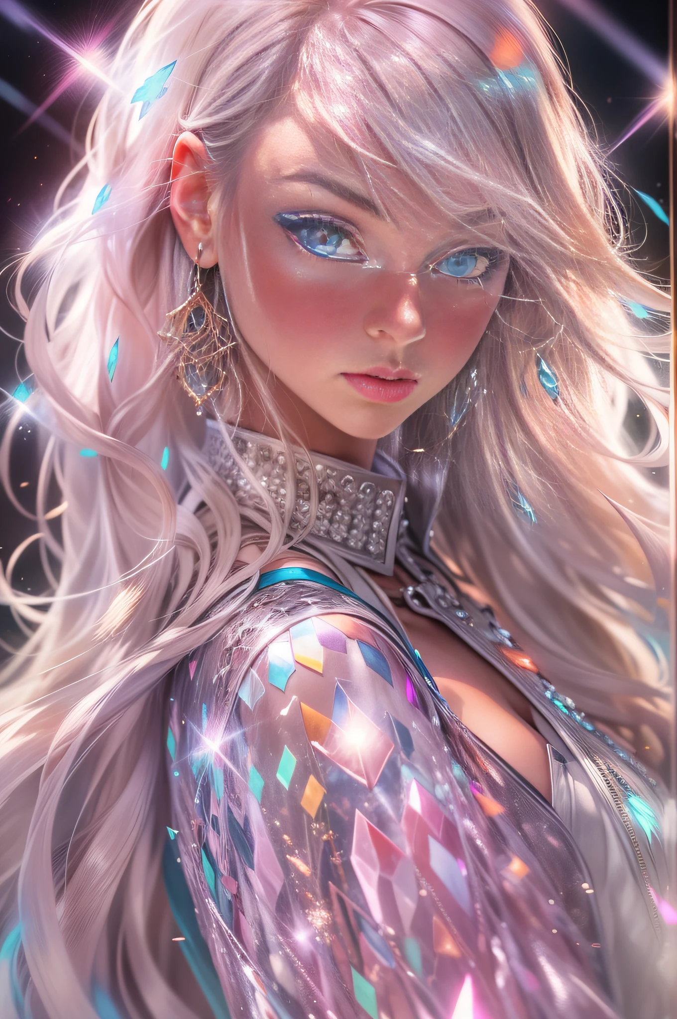 One very beautiful woman looking back at you, dressed like a fashion model, crazy long hair, shiny hair, expressive hair, crystal hair, gradient eyes, artistic, conceptual art, glitter effect , Glow, UHD, Retina, Masterpiece, Accurate, Anatomically Correct, Super Detailed, High Detail, Fine Skin