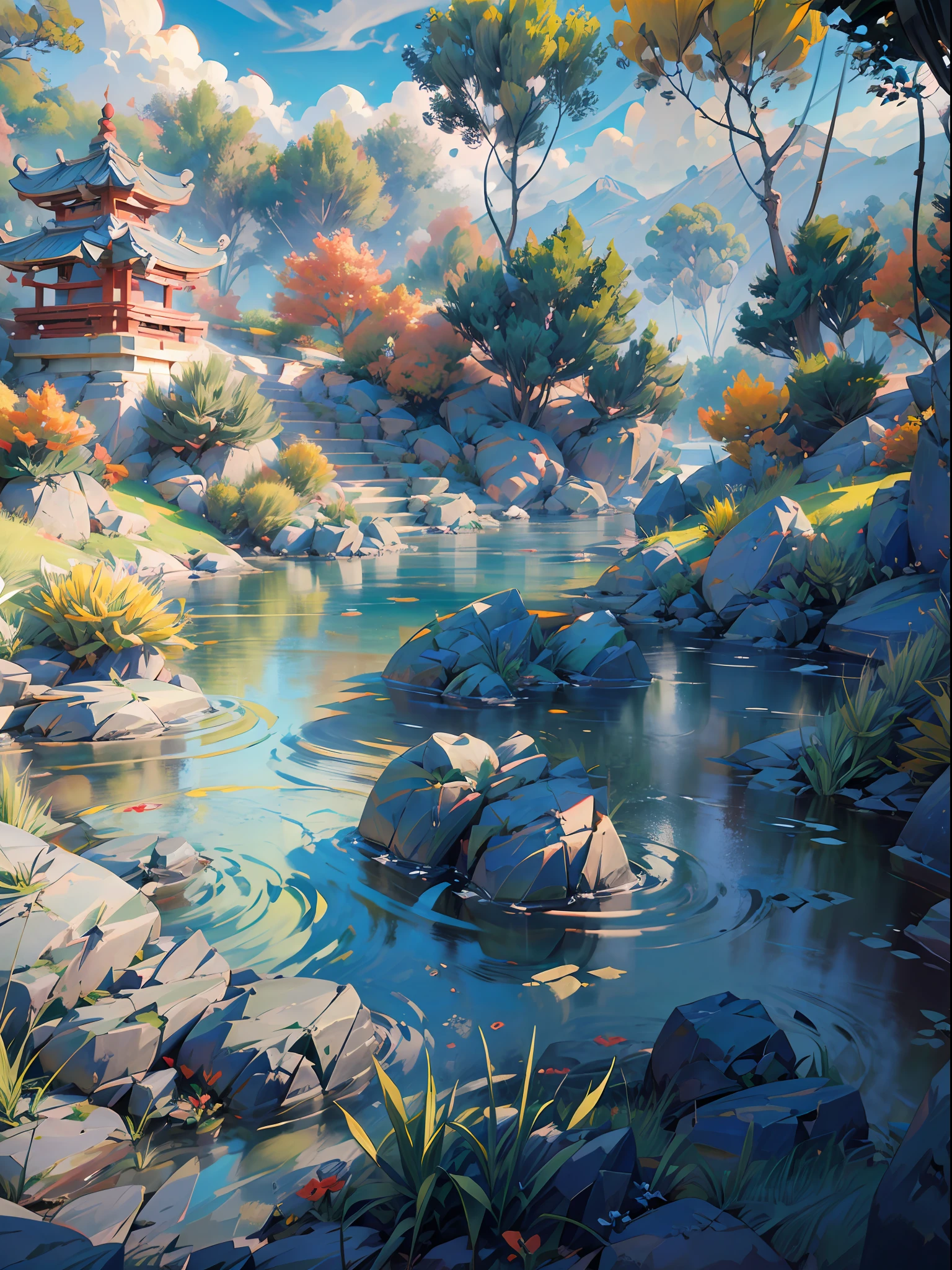 An incredibly detailed and photorealistic CG unity 8K wallpaper, the beauty of a classical Chinese garden, The stunning landscape features a serene lake and river surrounded by lush vegetation and majestic trees, natural light, blue sky, fluffy clouds, waterfall, Bokeh, Depth of Field, HDR, Bloom, Chromatic Aberration, and Intricate detail