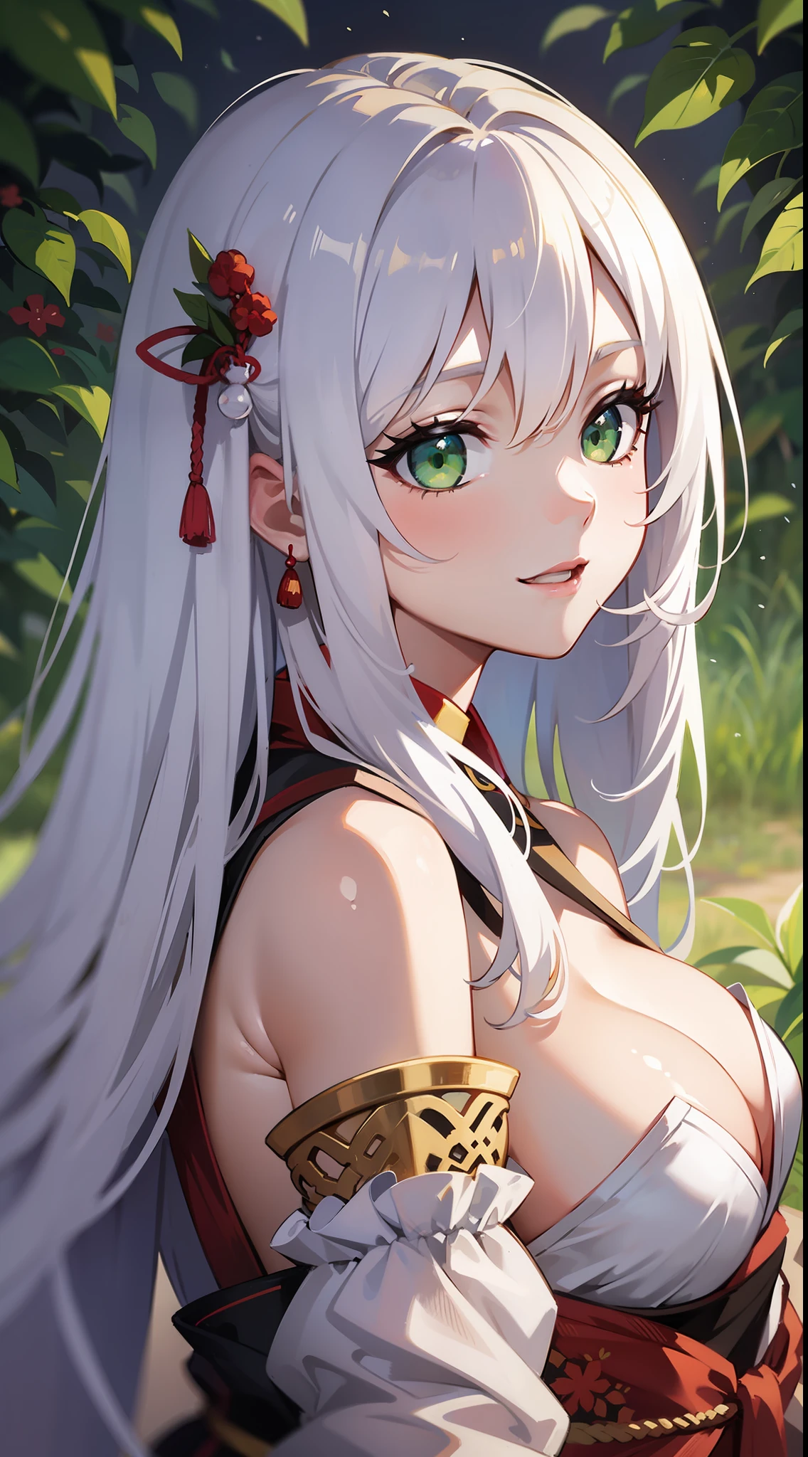 Tall girl, Long white hair, Green eyes, Hanfu, ssmile, open breasts, neckline on the chest, Masterpiece, hiquality