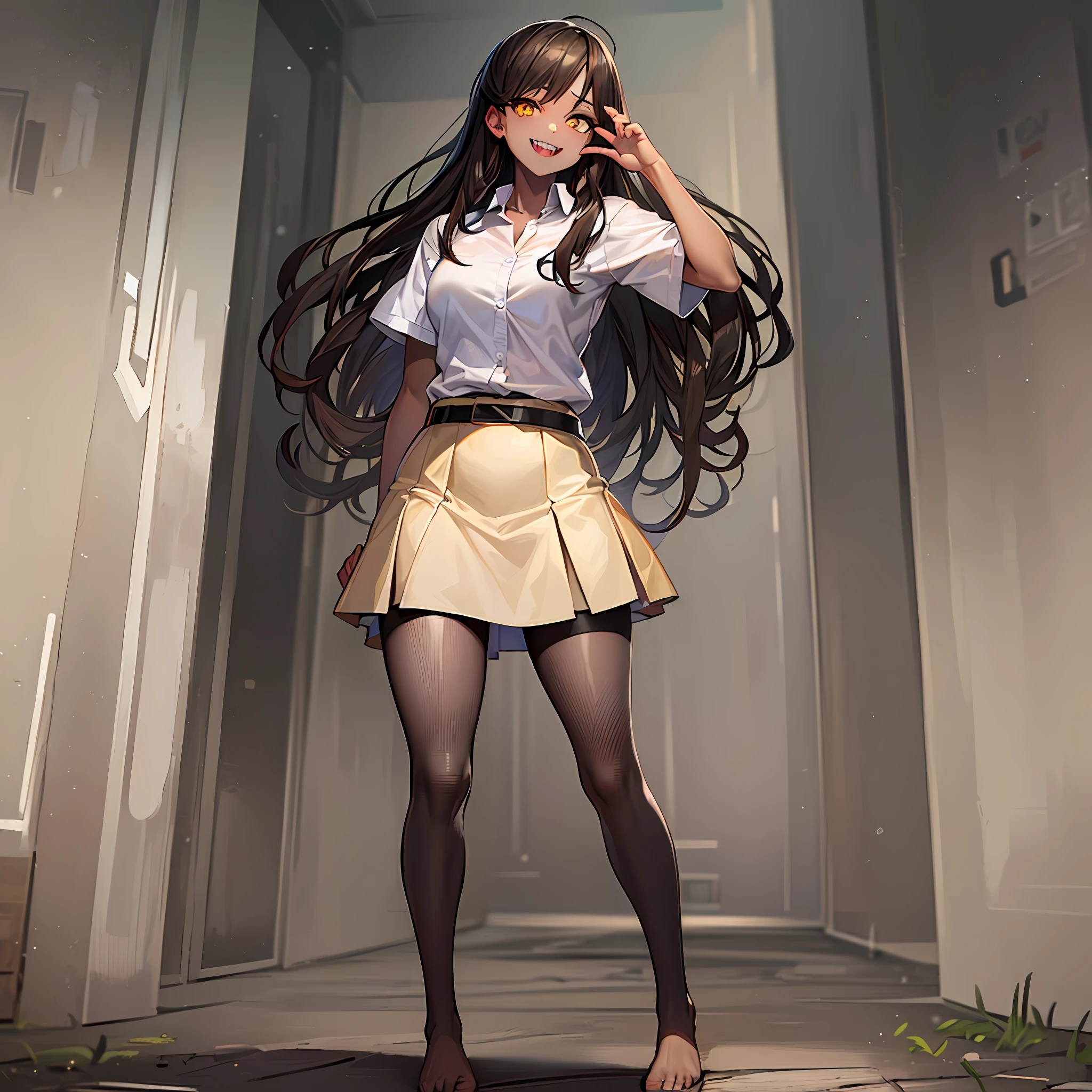 ((high quality)), ((masterpiece)), 8k, 1 girl, black skin, yellow eyes, bright smile, extremely detailed CG unity 8k wallpaper, sharp teeth, looking at viewer, tennis skirt, white shirt, barefoot , full body, electricity surrounds, healthy physique, long and messy hair, brown hair, post-apocalypse, heart shaped hand,