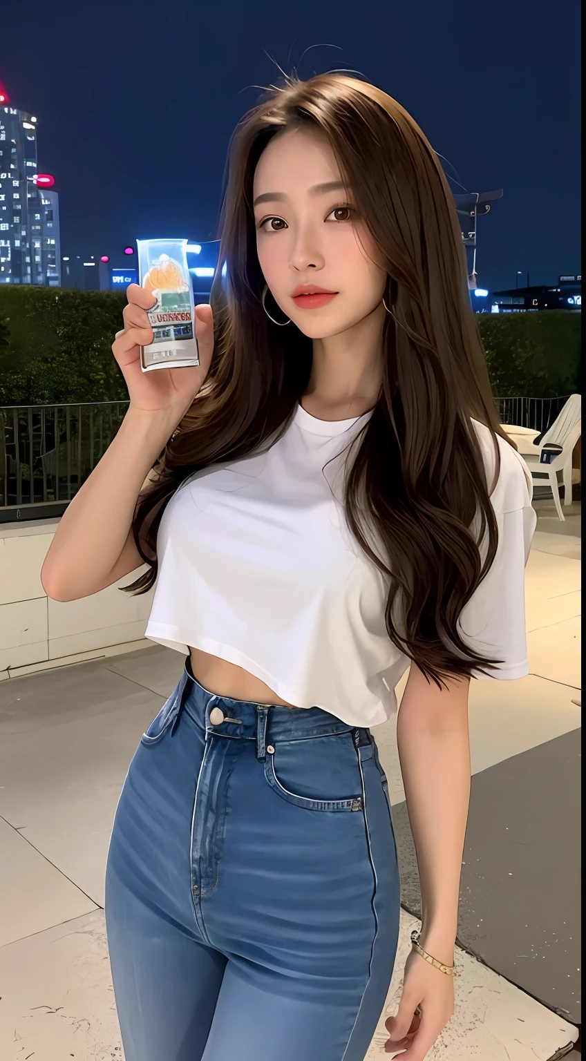 ((midynight, Need, 8k, tmasterpiece:1.3)), full bodyesbian, Long legs, Focalors:1.2, perfect figure beautiful woman:1.4, Slim abs:1.1, ((Dark brown hair, huge tit:1.2 )), (white tight t-shirt, denim pant, standing on your feet:1.2), ((city night scene, the roof:1.3)), Highly detailed facial and skin texture, A detailed eye, 二重まぶた,Holding a bottle of liquor