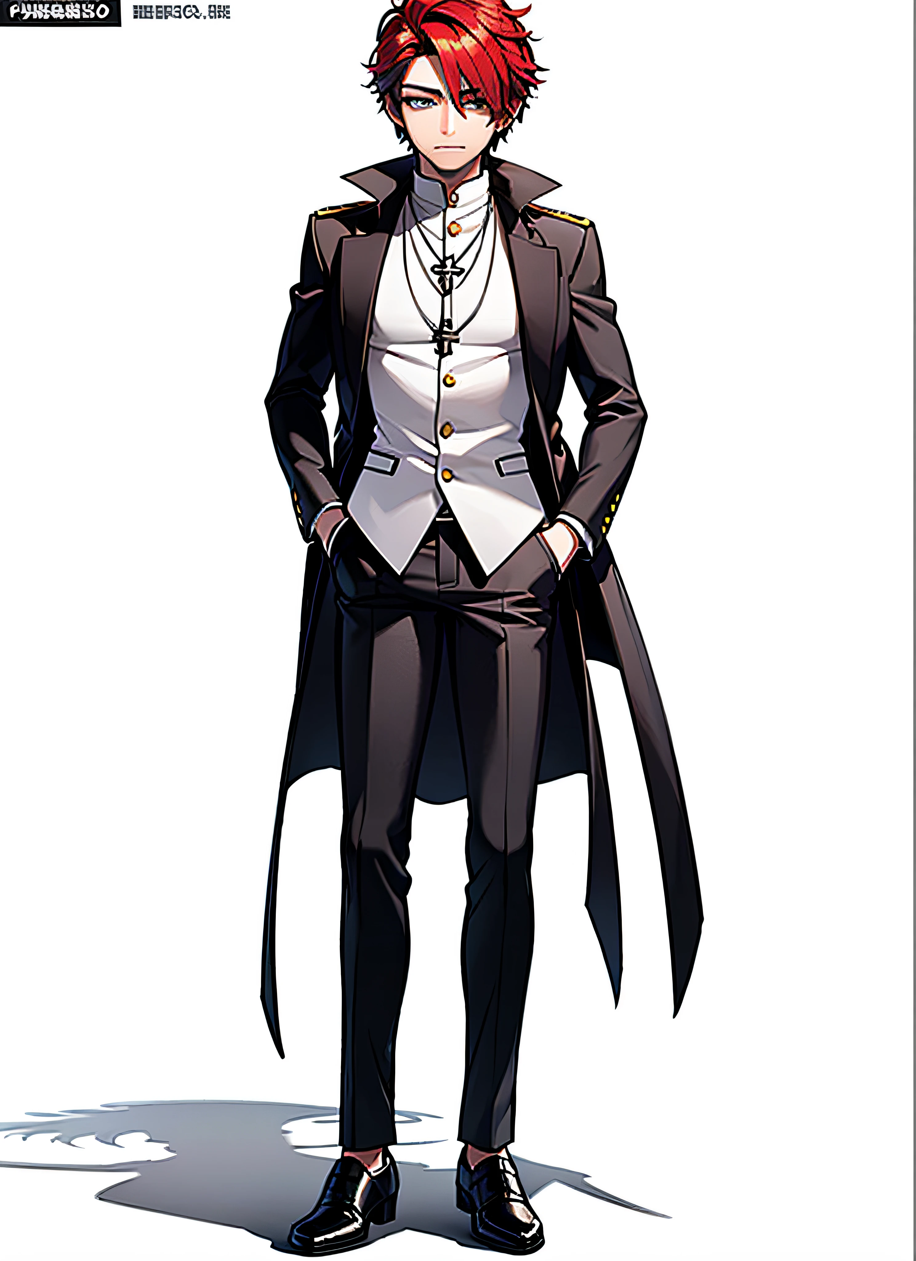 Full-body Vtuber, Full-body portraits, Looks clear..., The best quality masterpiece, masculine, looking at the audience, Stand and look straight at the audience..., single, Blue Eyes, Pastor's uniform, Red-Haired, long-haired, Cross necklace, Full-body portraits, ((10 , raw photograph, top-quality, master-piece), professional foto, (best shadows), ultra-high resolution, cinematic light, High profile CG including 8K wallpapers, Whole body,