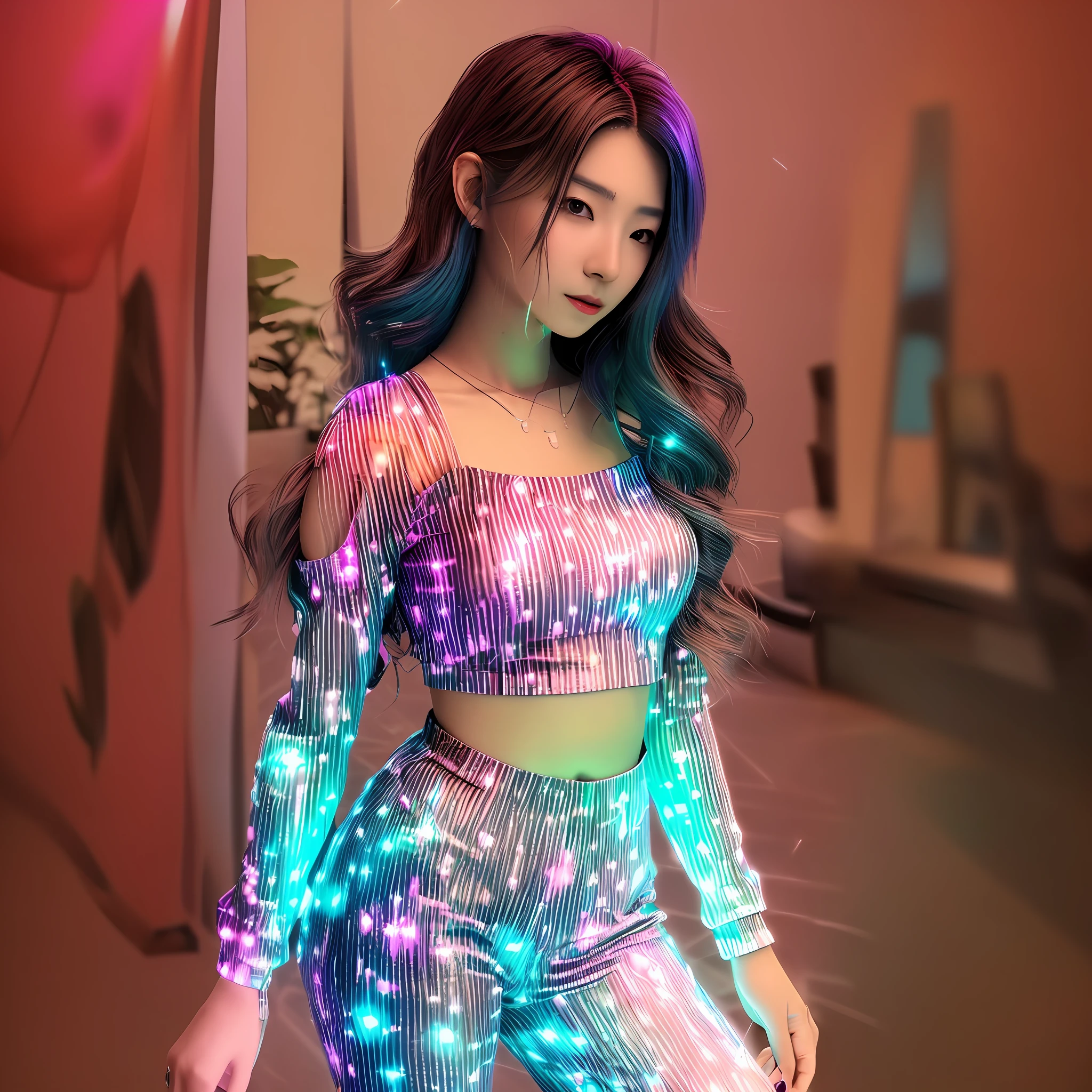 um close up de uma mulher em uma roupa brilhante com um top neon, glowing aesthetic, estilo anime. 8k, brilho cyberpunk brilhante, menina cyberpunk sonhadora, anime estilo 3d, Brilhando com luz colorida, Conectado com tubos brilhantes 8 K, menina glitchpunk, luz neon e fantasia, anime vibes, brilho colorido, Efeito de Luz. fantasia moderna, glowing magical shiny skin