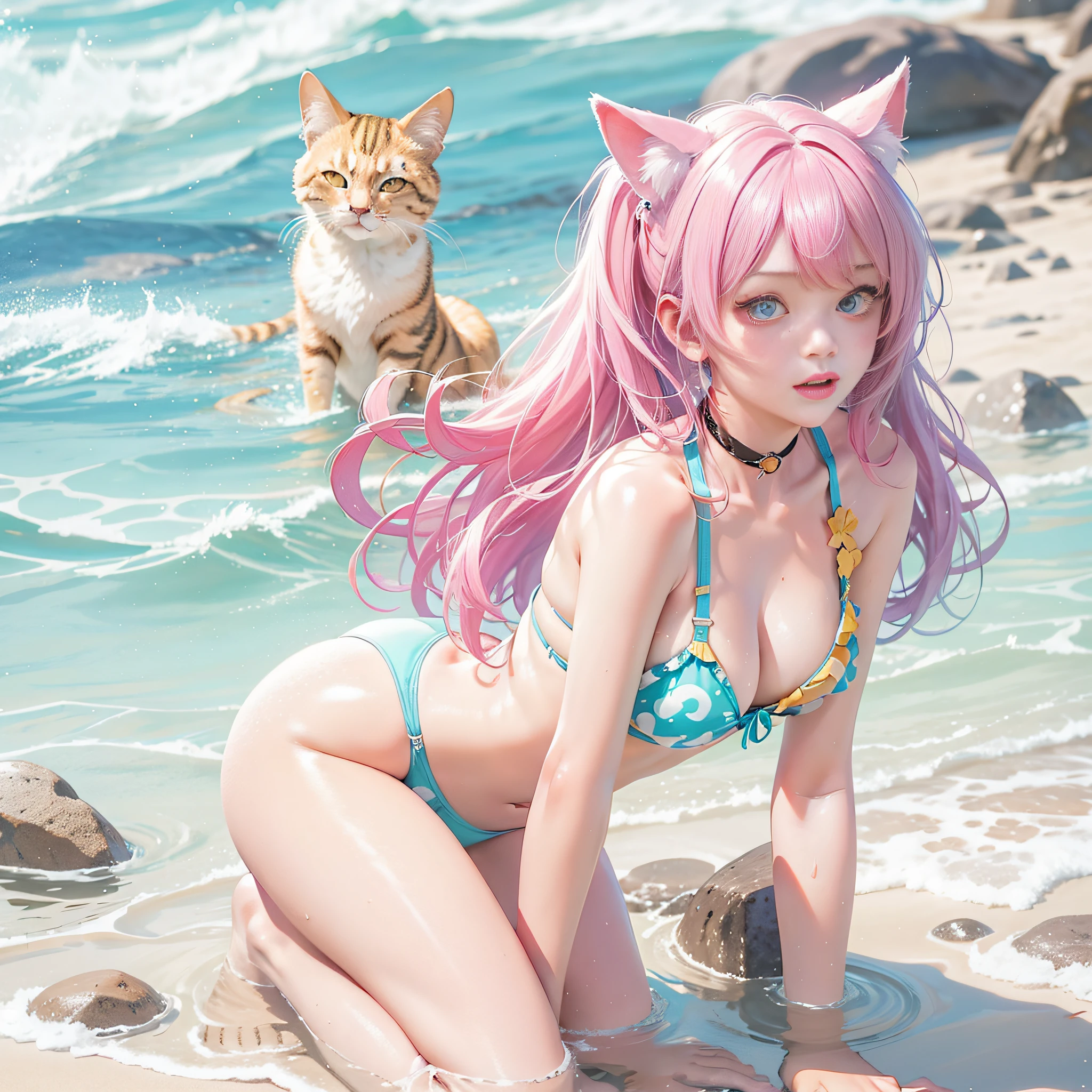 There is a woman in a bikini and cat ears on the beach, Inspired by a screenshot by Ikuo Hirayama, Tumblr, shin hanga, Realistic transparent bikini, Attire: Bikini, posing on the beach, Attractive cat girl, in beach, On the beach, pink twintail hair and cyan eyes, in a bathing suit, White Cat Girl, bathing suit,Drenched Body