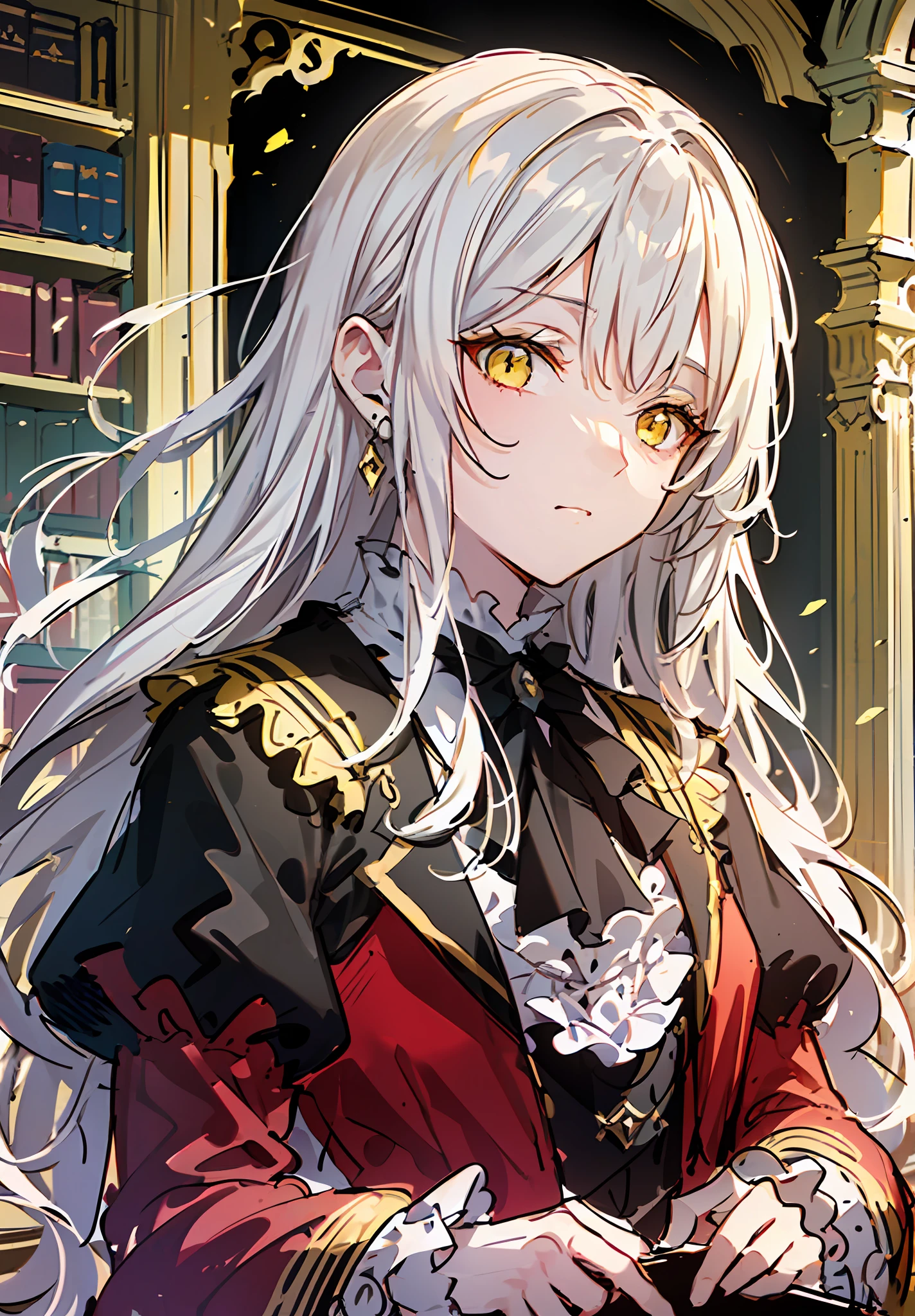 (((white long hair))), yellow eyes, fluffy hair, bangs, protruding hair, solo, alone, library, dnd, d&d, black clothes, red clothing elements, ((fantasy style, dungeons & dragons, fantasy, aristocratic clothes, victorian style, victorian clothes)), frill,dark yellow lace cuffs, dark yellow frill, (((sketch, sketch style)))