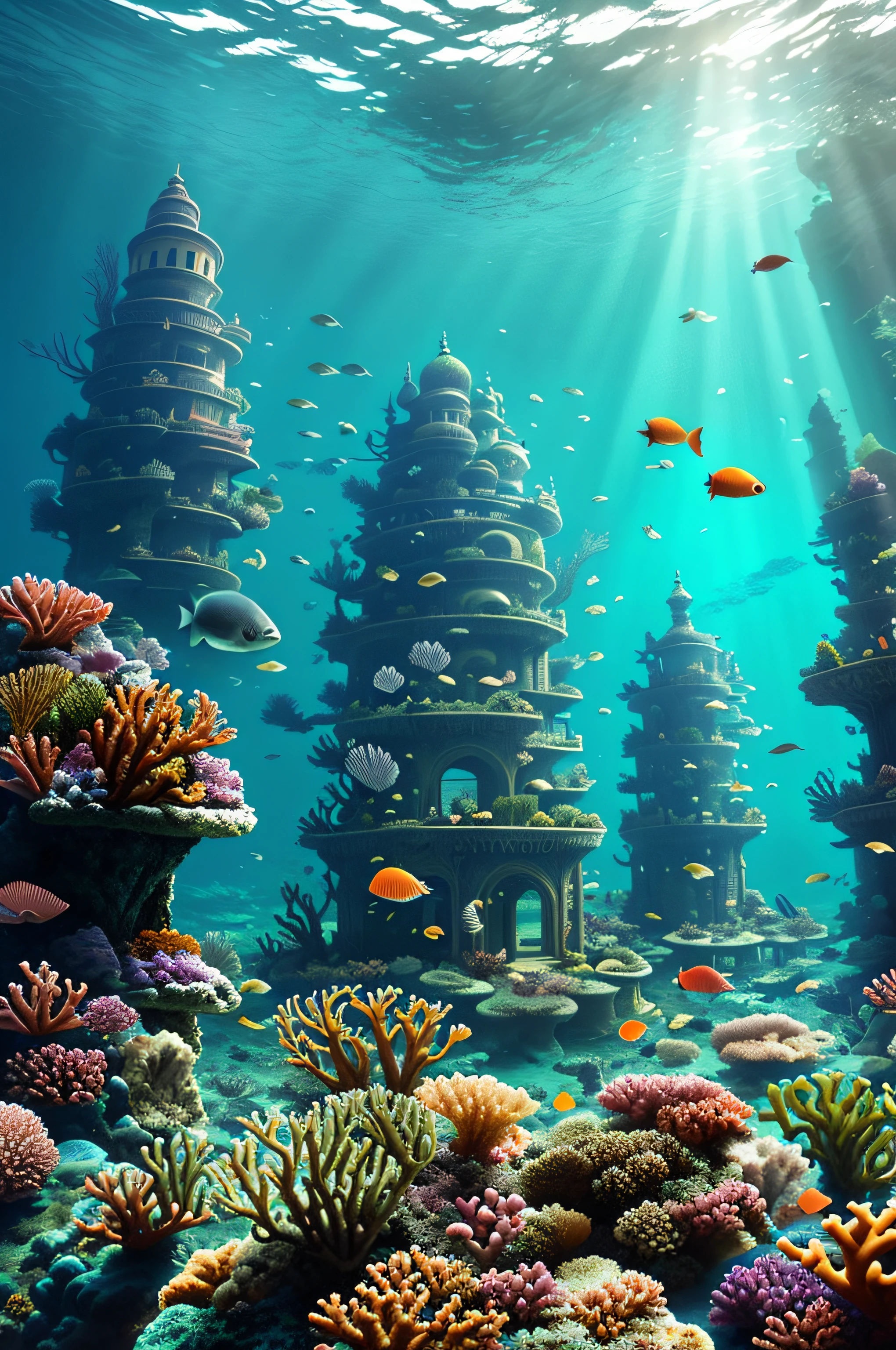 An unknown underwater world，tmasterpiece，(complexdetails), (Complicated details, Ultra detail: 1. 2), (Masterpiece, Best quality)fantasy concept art，There's a mermaid looking at the camera，Delicate and detailed facial features，Natural and authentic expressions，ultra-wide-angle,light blues,Maya Flor Frick Jensens,parametric architecture,ray-traced reflection，Blockbuster，Spectacular underwater world，Huge underwater ancient building，There are schools of fish in the sea,，There is a light source in the middle of the seafloor from top to bottom，Seaweed extends from the bottom of the ground，cyber punk perssonage，Various natural light effects，coloured with lots of colour，There is light in the darkness，There is also a coral building with a round cap，Roundcap corals have many small holes，There are fish swimming in the cave，There are three buildings in the distance，The first building was a building with a transparent shell，Inside is a stacked chlorophyll seaweed body matrix，The second building consists of the Fishman complex，Fish stocks at sea range from high to low, From thick to fine，There were a lot of fish in the third building，The spores hang very low, There are many miniature buildings inside，Near and far，nigth，Light from top to bottom illuminates the entire seabed，cyber punk perssonage，Natural effect is good, Wide shot, Filming under the sea，8k 辛烷值渲染, Photorealistic, epic shot, Cinematic lighting, detailed building, Detailed details，真实感，UHD resolution