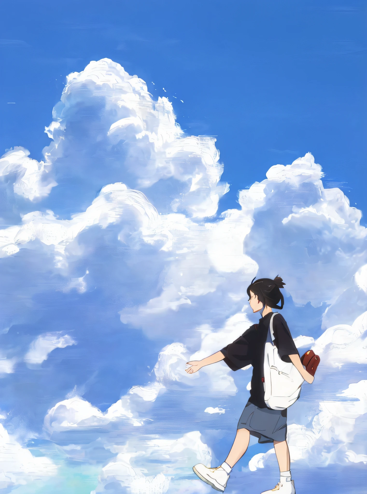 Draw a girl walking in the clouds with a backpack on her back, Anime Cloud, girl clouds, beautifull puffy clouds. Anime, in the style of makoto shinkai, she is approaching heaven, with clouds in the sky, overcast day, makoto shinkai art style, Makoto Shinkai's style, Makoto shinkai style, high clouds, on cloud