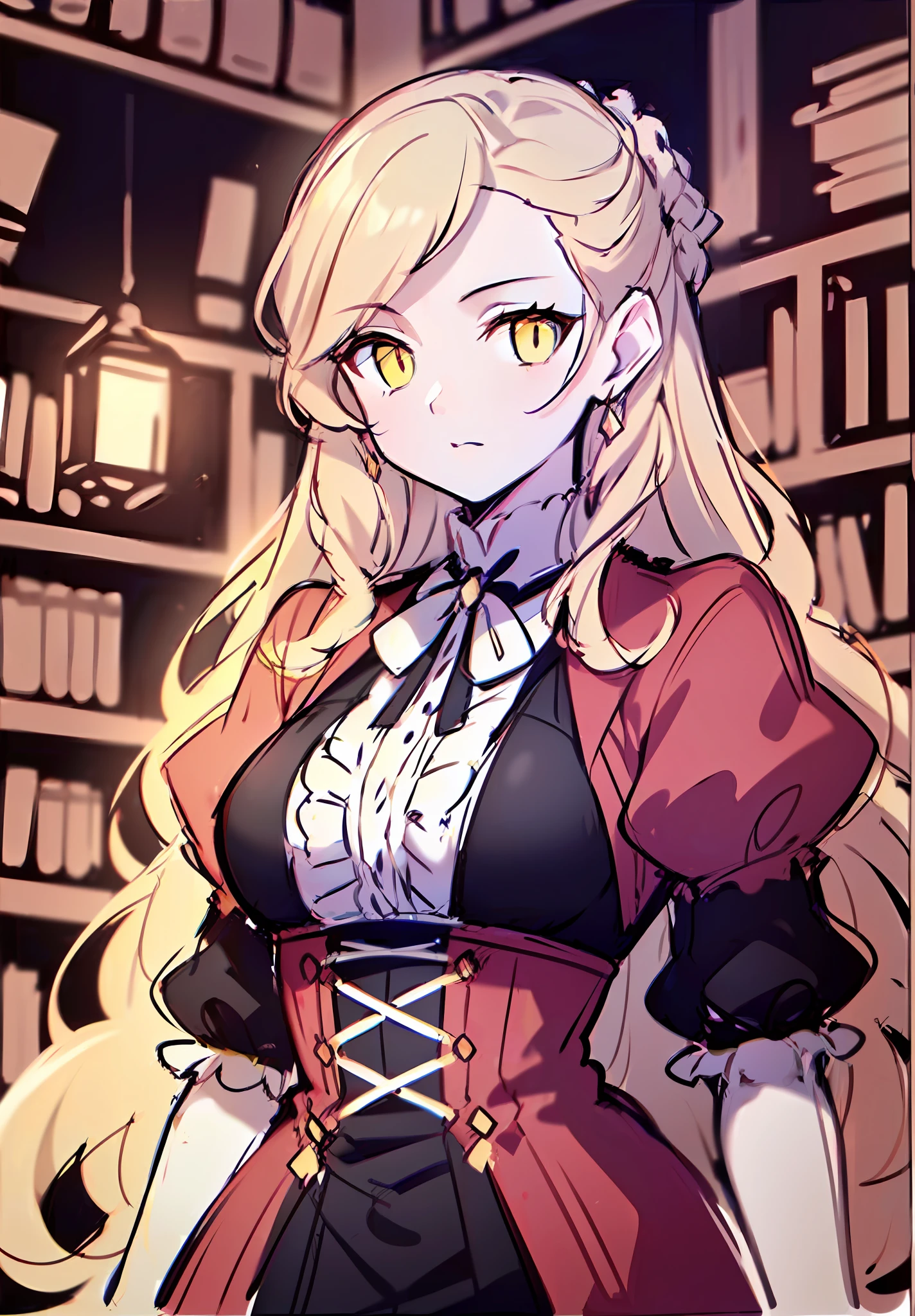 (((white long hair))), yellow eyes, fluffy hair, bangs, protruding hair, solo, alone, library, dnd, d&d, black clothes, red clothing elements, ((fantasy style, dungeons & dragons, fantasy, aristocratic clothes, victorian style, victorian clothes)), frill,dark yellow lace cuffs, dark yellow frill, (((sketch, sketch style)))