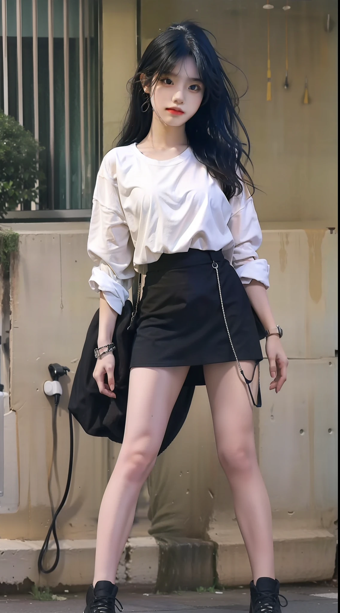 A girl with black hair,By bangs,solo, 15year old,perfect body figure,White shirt,Black miniskirt,Full body like