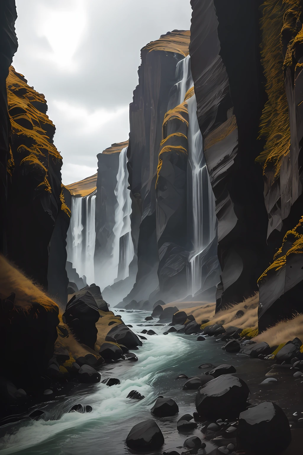 photography of Icelandic Basalt Canyon ,Cloudy and rainy days::1, Waterfall River, S-shaped composition, up view, Cinematic light, Black, 16K Resolution, Portrait Photography