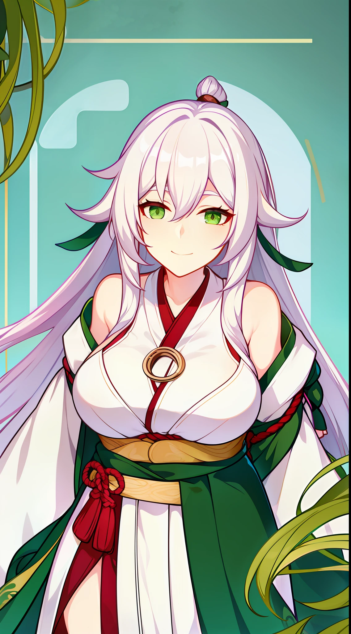 Tall girl, Long white hair, Green eyes, Hanfu, ssmile, open breasts, neckline on the chest, Masterpiece, hiquality