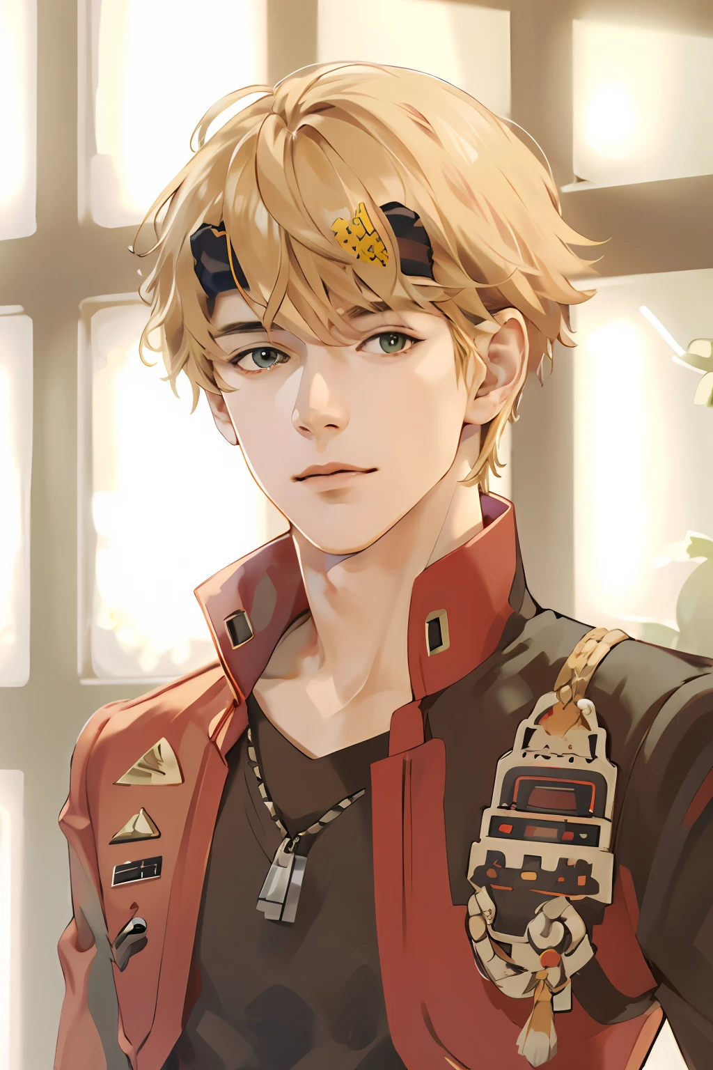 extremely delicate and beautiful, Amazing, finely detail, masterpiece, ultra-detailed, highres,best illustration, best shadow,intricate,sharp focus, high quality, 1 male solo, handsome, broad shoulders, ((blond hair)), red and black jacket, black hairband, window light