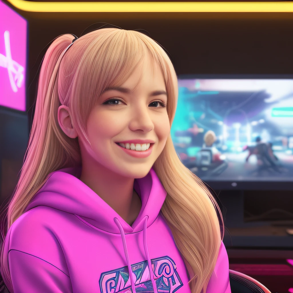 A blonde girl, smiling showing her fangs