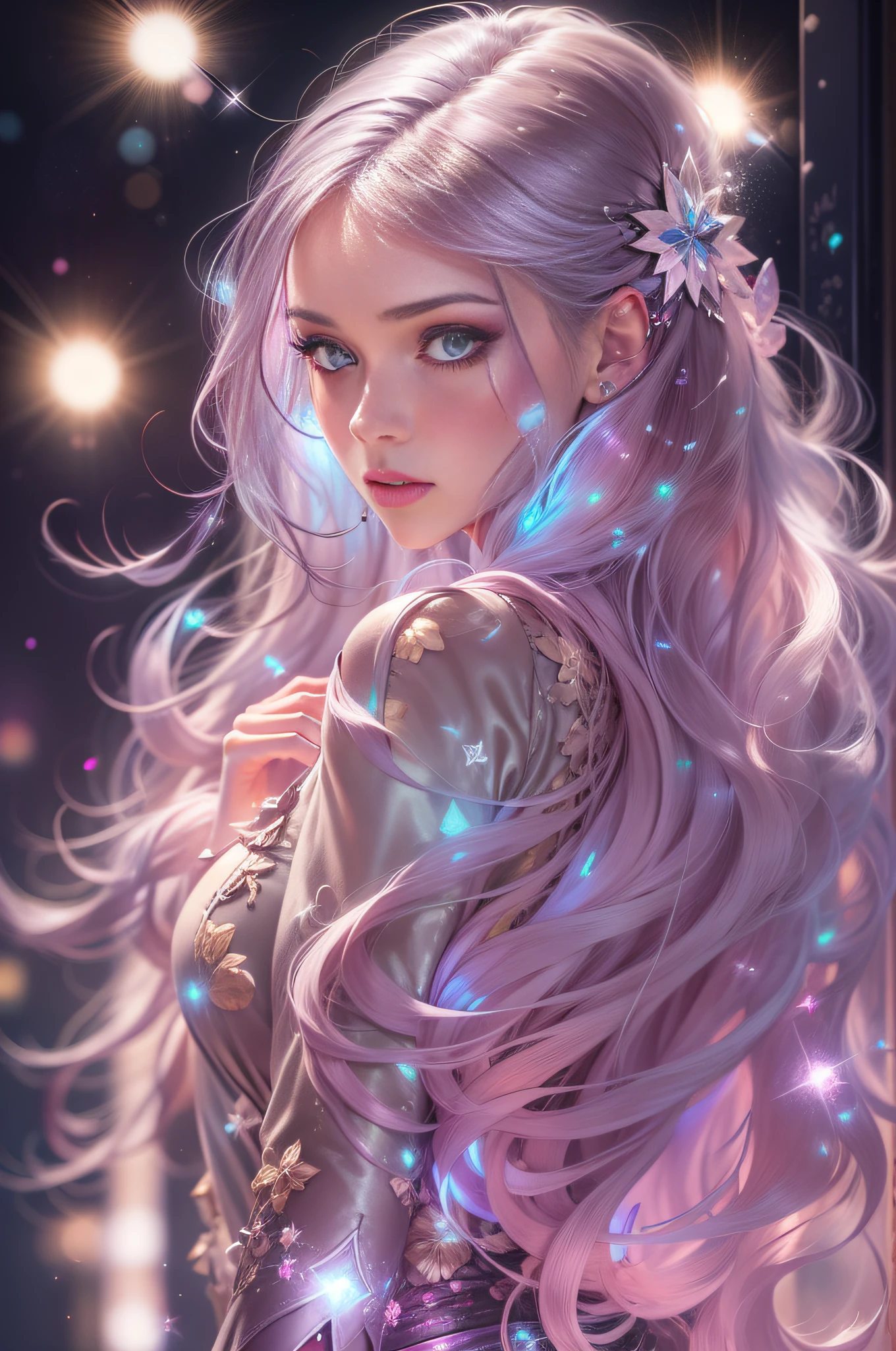 One very beautiful woman looking back at you, dressed like a fashion model, crazy long hair, shiny hair, expressive hair, crystal hair, gradient eyes, artistic, conceptual art, glitter effect , Glow, UHD, Retina, Masterpiece, Accurate, Anatomically Correct, Super Detailed, High Detail, Fine Skin