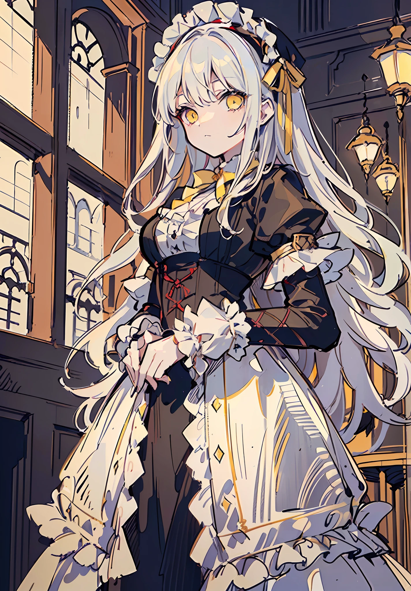 (((white long hair))), yellow eyes, fluffy hair, bangs, protruding hair, solo, alone, library, dnd, d&d, black clothes, red clothing elements, ((fantasy style, dungeons & dragons, fantasy, aristocratic clothes, victorian style, victorian clothes)), frill,dark yellow lace cuffs, dark yellow frill, (((sketch, sketch style)))