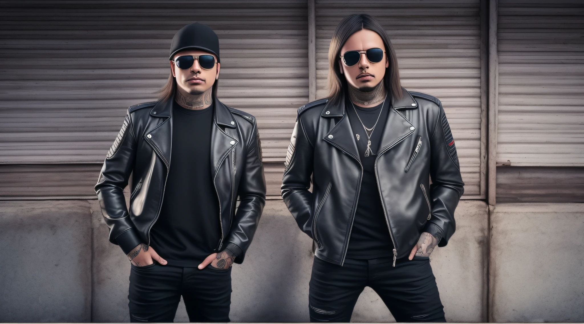 3 MENINOS LOIROS CABELOS LONGOS, in black leather jackets and sunglasses, DE MEIO CORPO, LUZES PURPLE SUAVES DE FUNDO, posando para uma foto, foto de alta qualidade, imagem de muito baixa qualidade, foto promocional de banda de rock pesado, fosforescente, promo de banda de heavy metal, Photo of a promotional session, of the highest quality, foto de guerra, a scooter ( EDM banda, vibe sinistra, the band name is roborock