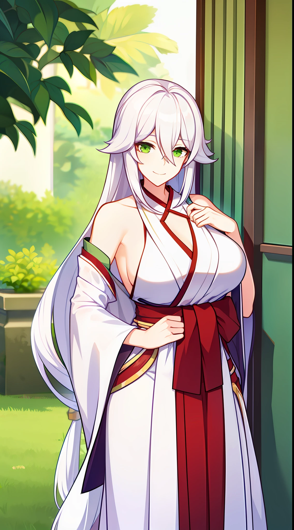 Tall girl, Long white hair, Green eyes, Hanfu, ssmile, open breasts, neckline on the chest, Masterpiece, hiquality