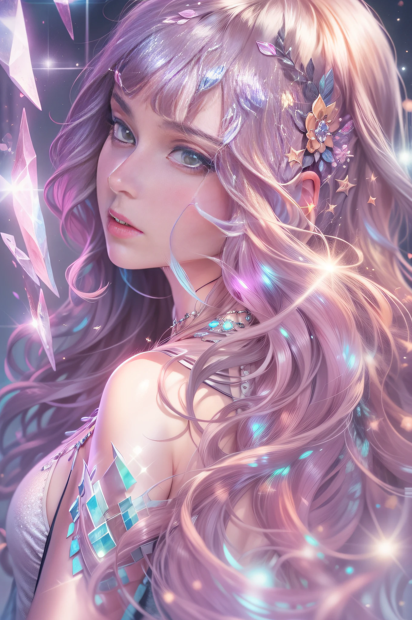 One very beautiful woman looking back at you, dressed like a fashion model, crazy long hair, shiny hair, expressive hair, crystal hair, gradient eyes, artistic, conceptual art, glitter effect , Glow, UHD, Retina, Masterpiece, Accurate, Anatomically Correct, Super Detailed, High Detail, Fine Skin