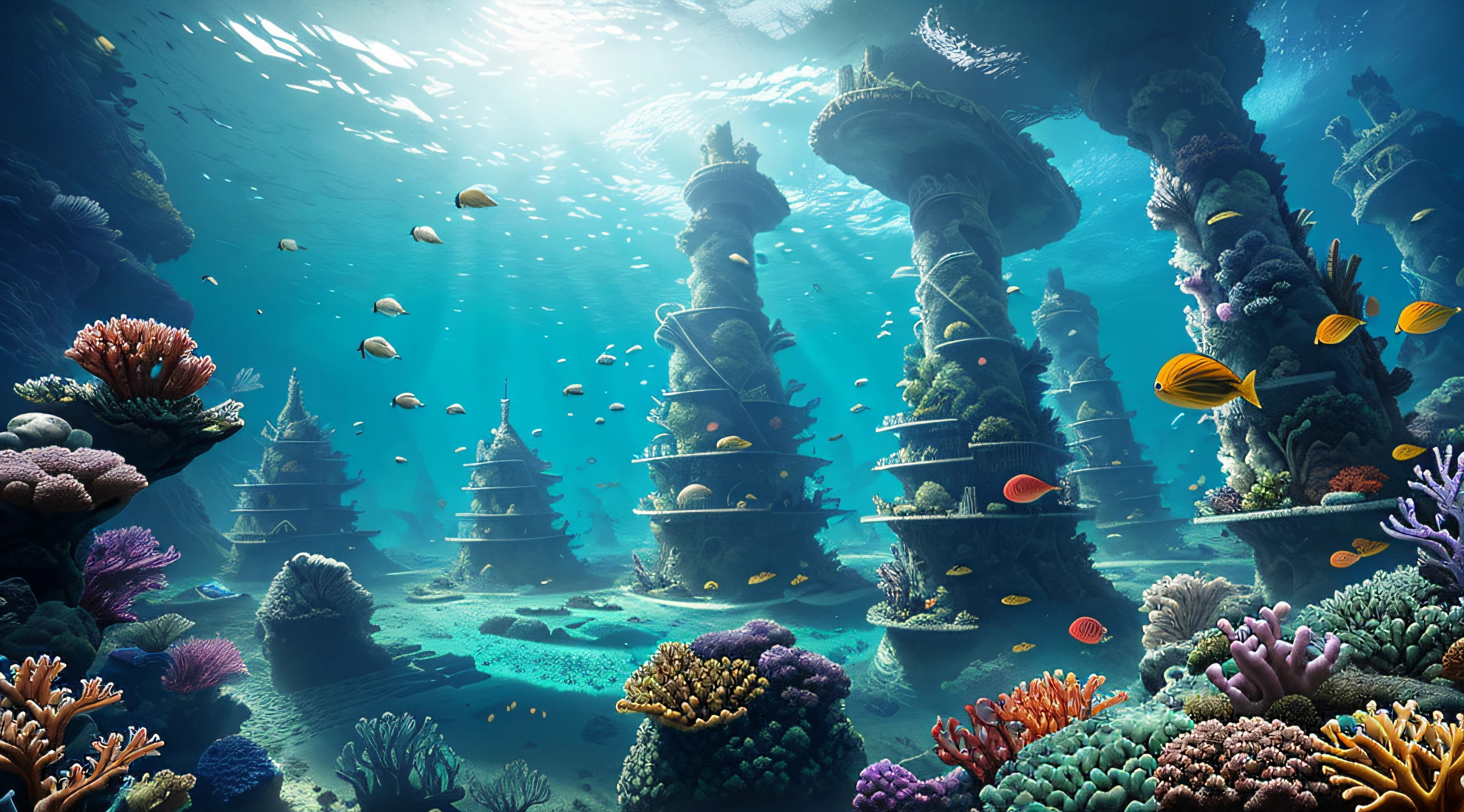 An unknown underwater world，tmasterpiece，(complexdetails), (Complicated details, Ultra detail: 1. 2), (Masterpiece, Best quality)fantasy concept art，Spectacular underwater world，Huge underwater ancient building，There are schools of fish in the sea, Swim past whales，There is a light source in the middle of the seafloor from top to bottom，Seaweed extends from the bottom of the ground，cyber punk perssonage，Various lighting effects，coloured with lots of colour，There is light in the darkness，There is also a coral building with a round cap，Roundcap corals have many small holes，There are fish swimming in the cave，There are three buildings in the distance，The first building was a building with a transparent shell，Inside is a stacked chlorophyll seaweed body matrix，The second building consists of the Fishman complex，Fish stocks at sea range from high to low, From thick to fine，There were a lot of fish in the third building，The spores hang very low, There are many miniature buildings inside，Near and far，nigth，Light from top to bottom illuminates the entire seabed，cyber punk perssonage，nice lighting effects, Wide shot, Filming under the sea，8k 辛烷值渲染, Photorealistic, epic shot, Cinematic lighting, detailed building, Detailed details，UHD resolution