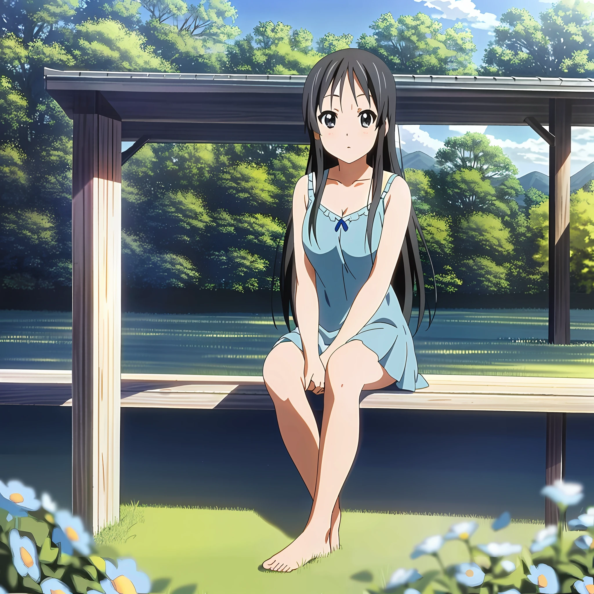 ((masterpiece)), (POV), best quality, ((Mio Akiyama  in a blue summer sundress sitting on a blooming meadow)), flower wreath, beautiful flowers, meadow, summer, noon, bare feet, barefoot, blue sky, cumulus clouds, rustic landscape, side view, large tree, leaning against the trunk of a tree, (dark gray-blue eyes)), (gray eyes:1.5) , long black hair, shy:1.7, (blush:0.3), detailed lighting, (((medium breasts))), (no bra), K-On!, Kyoto Animation,