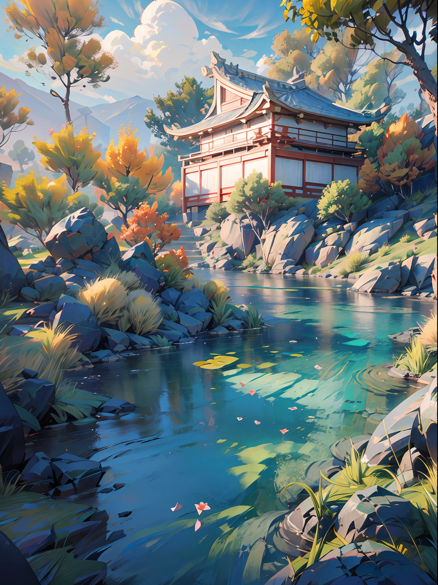 An incredibly detailed and photorealistic CG unity 8K wallpaper, the beauty of a classical Chinese garden, The stunning landscape features a serene lake and river surrounded by lush vegetation and majestic trees, natural light, blue sky, fluffy clouds, waterfall, Bokeh, Depth of Field, HDR, Bloom, Chromatic Aberration, and Intricate detail