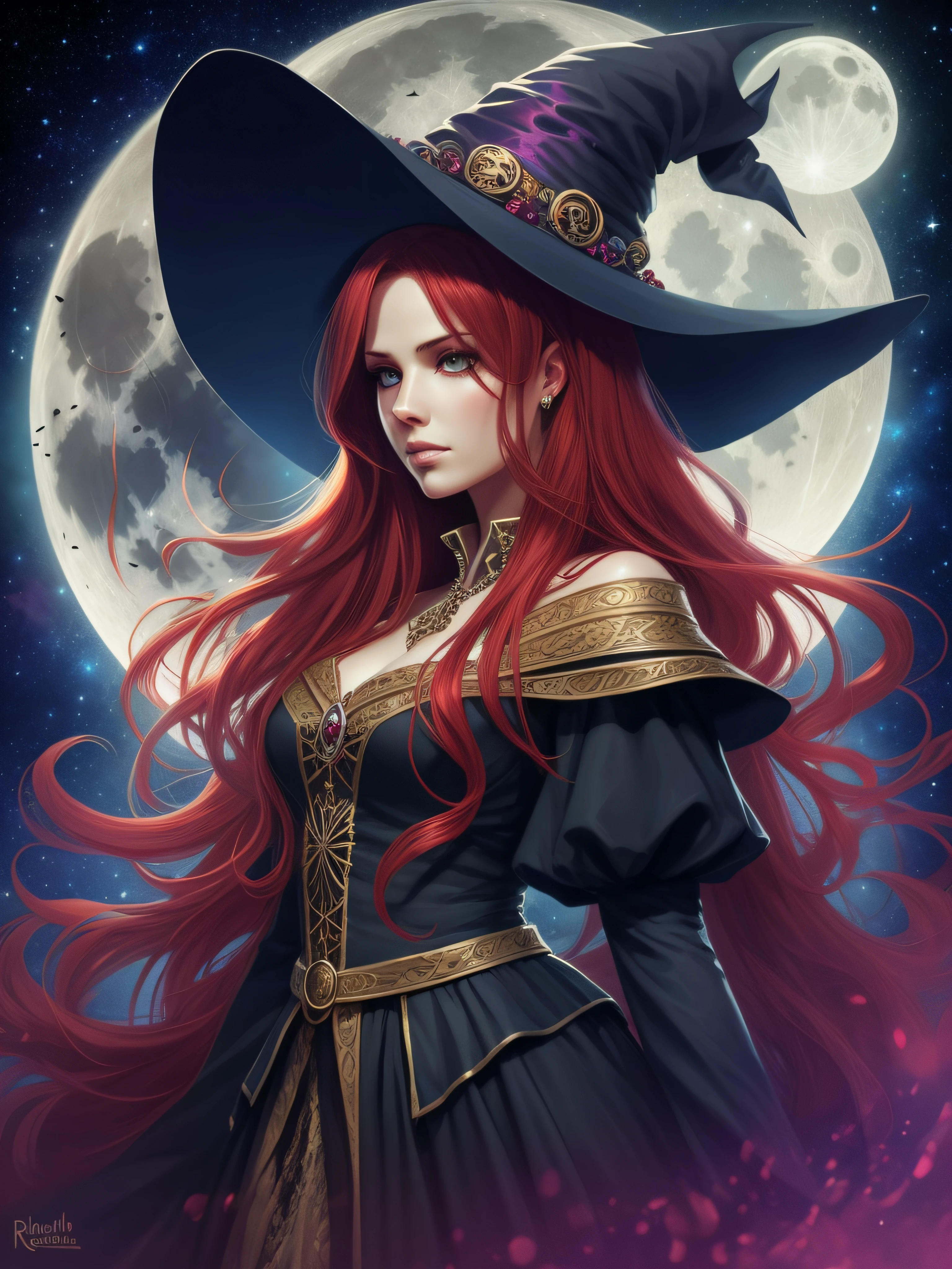 beautiful female witch, long red hair, big black witch hat, facing camera, night sky, full moon, highly detailed, royo