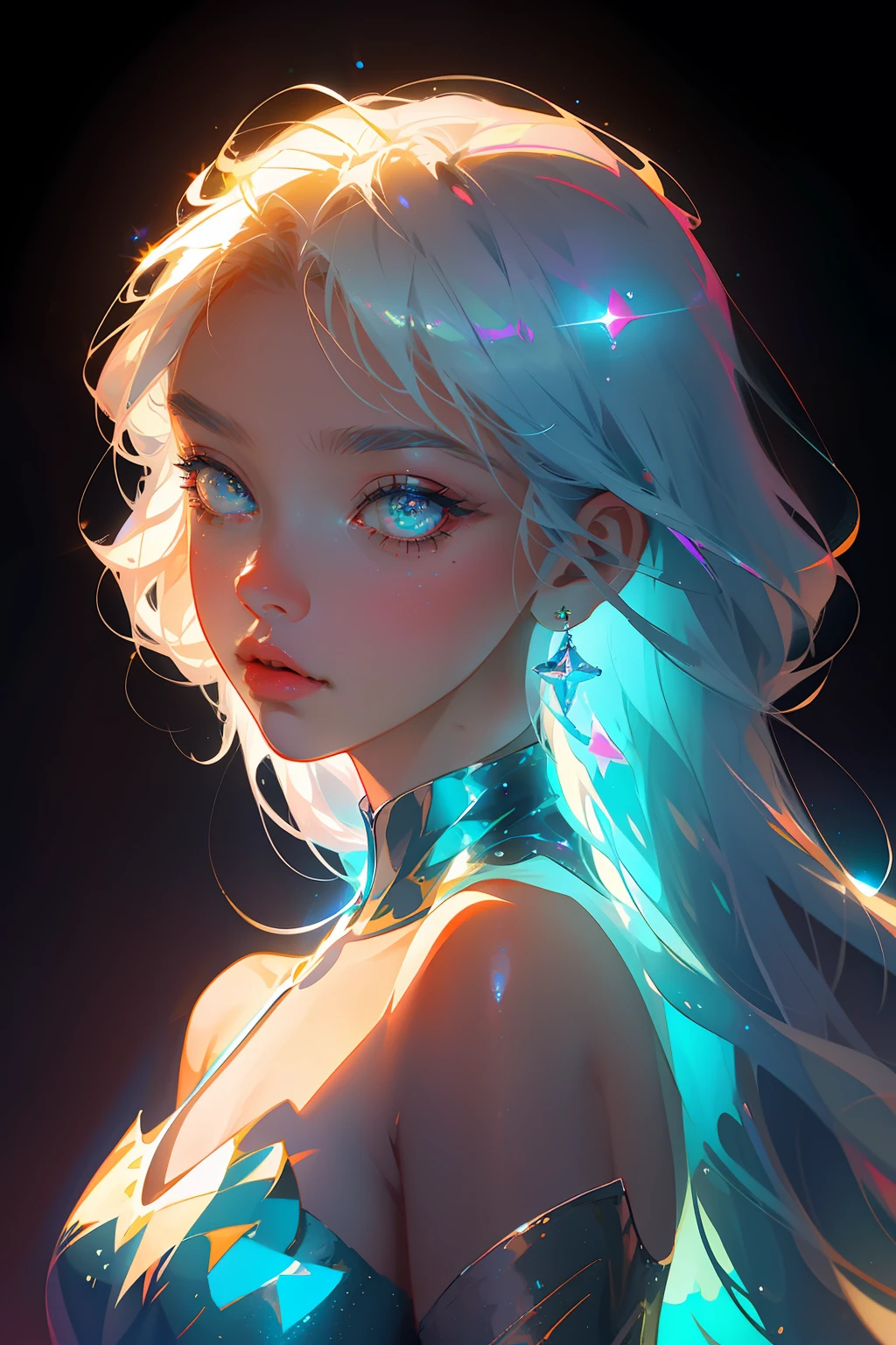 The perfect masterpiece,Highest quality,Perfect artwork,8K,
Upper Body Lens,(front portrait:1.5),Delicate face,Face Close-up,
Mermaid Girl,Bizarre glowing transparent eyes,Magical transparent eyes,Star Eyes,white hair,Holographic Phantom Background,
Digital Art,plane illustrations,colorful illustration,minimalist style,